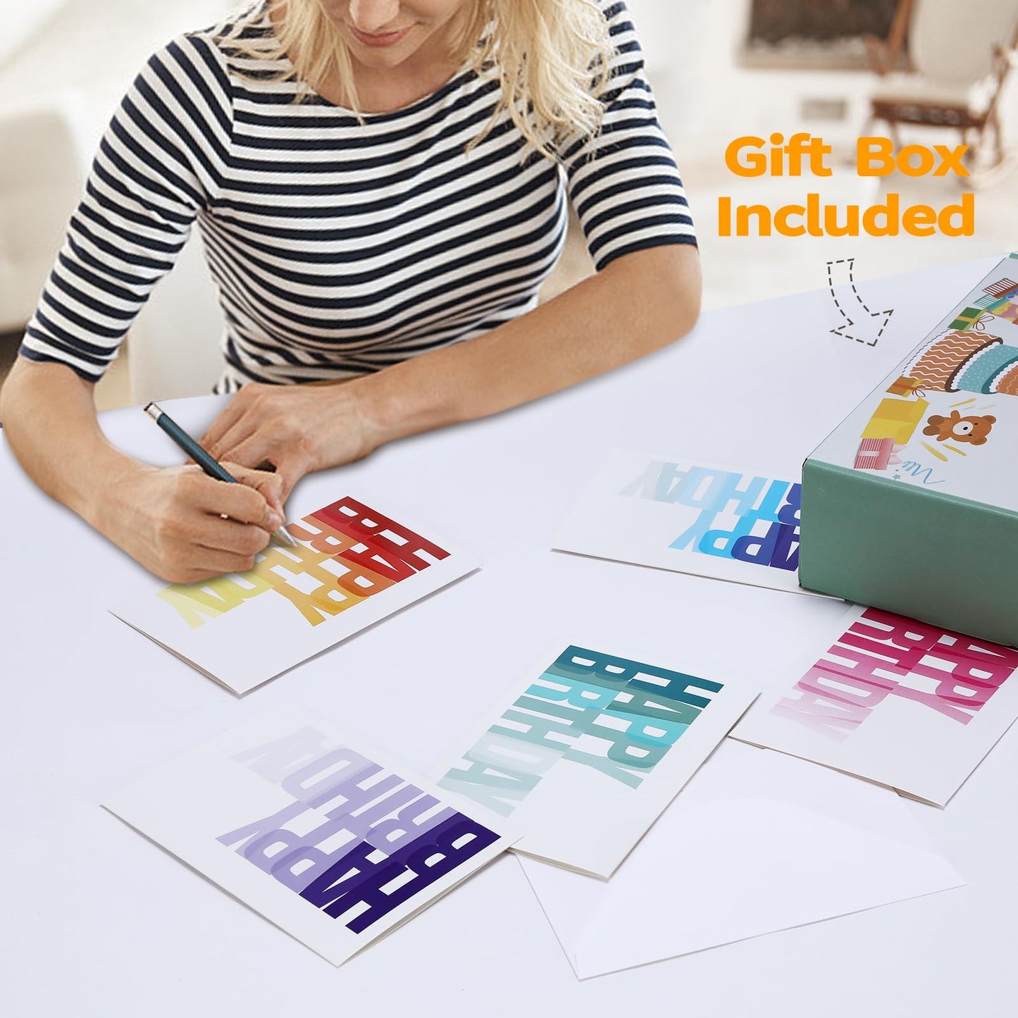 XXINMOH 102 Pack Happy Birthday Cards Bulk with 4x6 Envelopes, Blank Inner, 6 Designs for Students, Work, Office, Gradient Colorful Font (Plus 102 Envelopes)