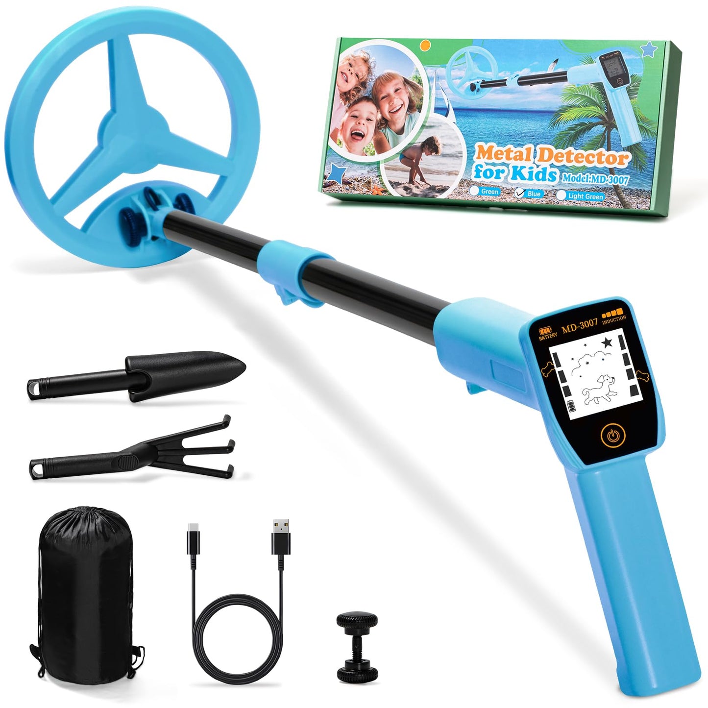 Metal Detector for Kids, Smofrees USB Rechargeable Small Kids Metal Detector, Adjustable 24"-34" Portable Childrens Metal Detector with Funny LCD Display for Outdoor Exploration, Blue