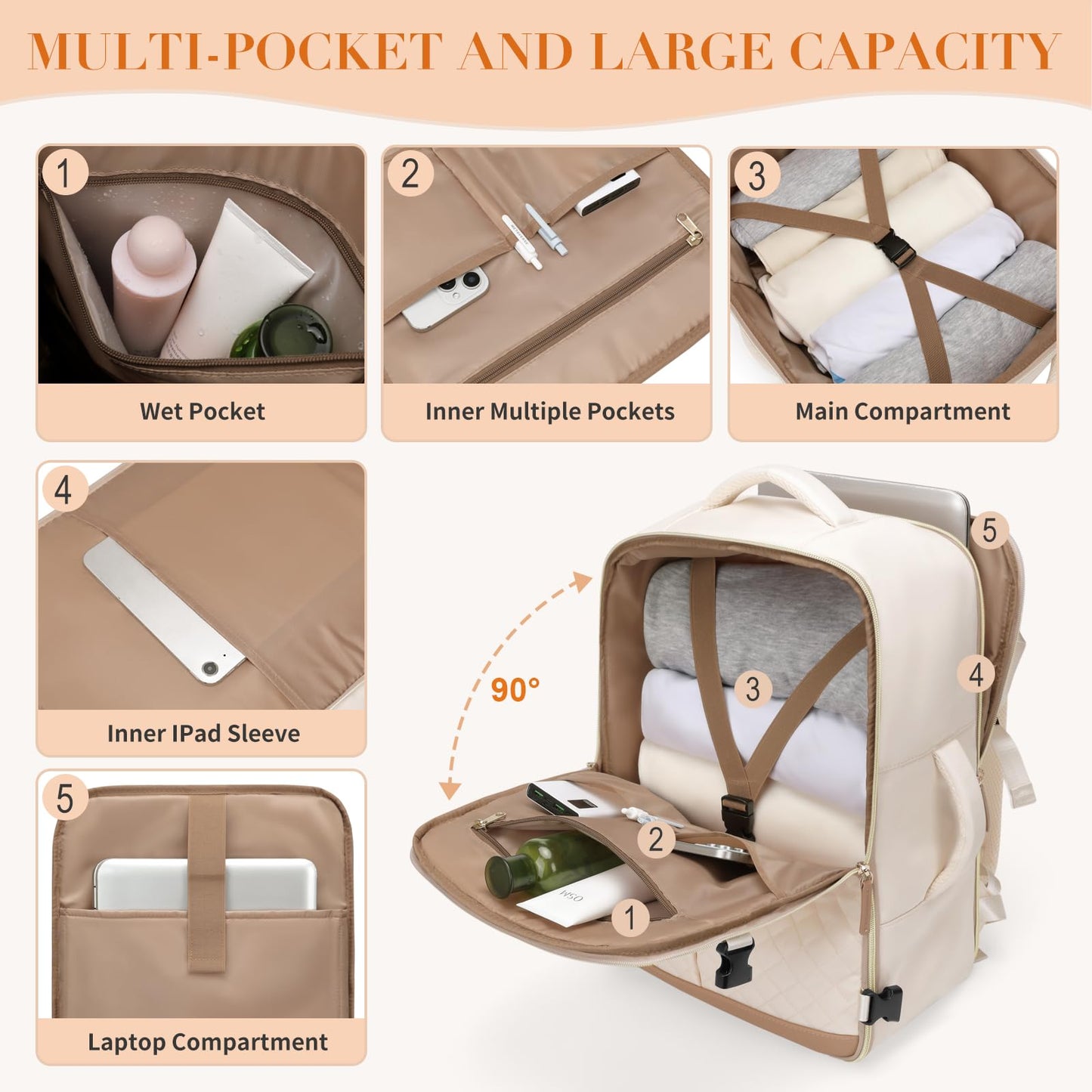 GOLF QUALITY Travel Backpack for Women Carry On Underseat Travel Bag Laptop Backpack Casual Daypack for Weekender Business,17 Inch, Beige