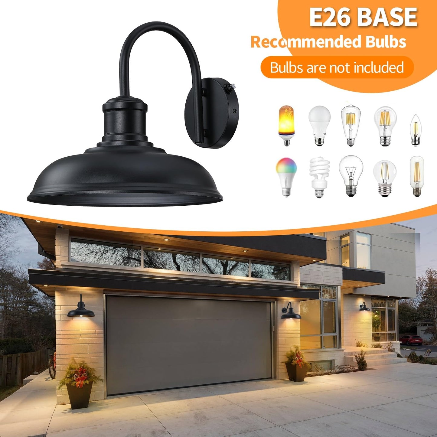 MYHXQ 12'' Dusk to Dawn Outdoor Gooseneck Barn Light, 2-Pack Outdoor Wall Sconce Farmhouse Exterior Light Wall Lighting Fixture Industrial Black Wall Lantern for Porch, Entryway, Garage, Black