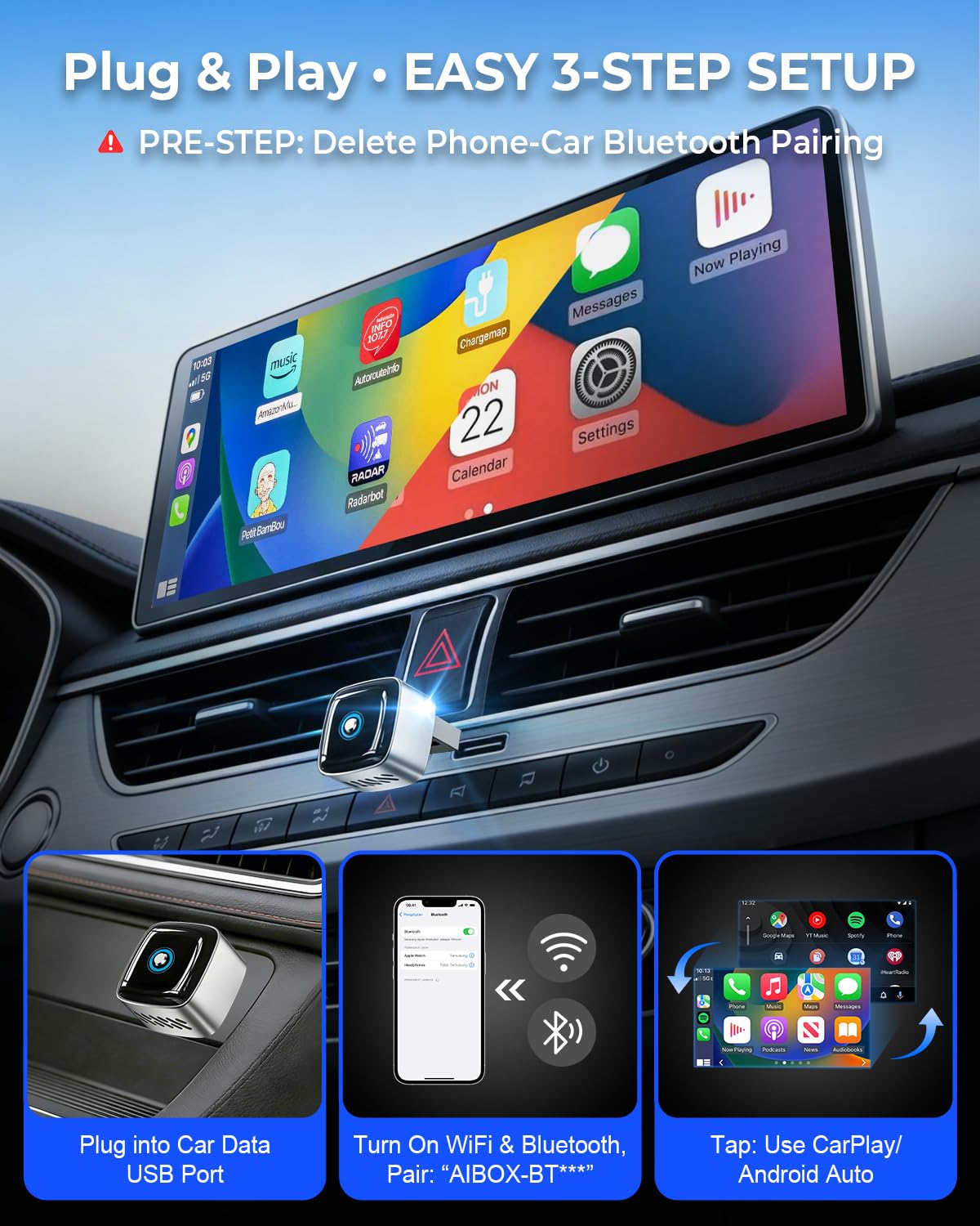 Wireless CarPlay Adapter for iPhone & Android Auto, 2-in-1 Wired to Wireless Carplay, 1-Click Switch/Disconnect Plug & Play Fast Connect, Lag-Free Mini Adapter for Apple iOS 10+/Android 11+/2016+ Cars