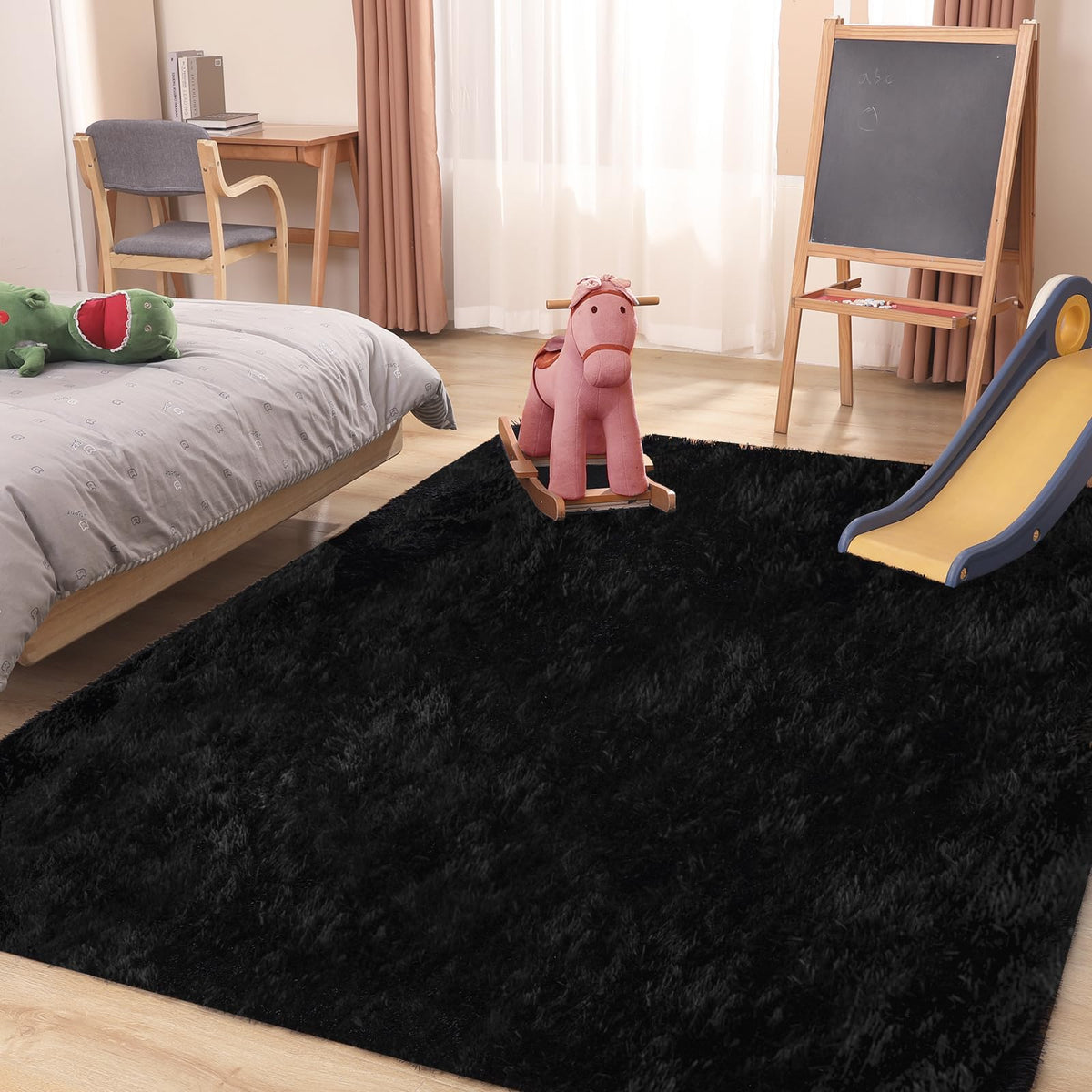 6x9 Large Area Rugs for Living Room Bedroom, Soft Fluffy Shaggy Rug, Indoor Washable Floor Carpet for Kids Girls and Boys, Dorms, Nursery Rooms, Home Decor Aesthetic, Solid Black