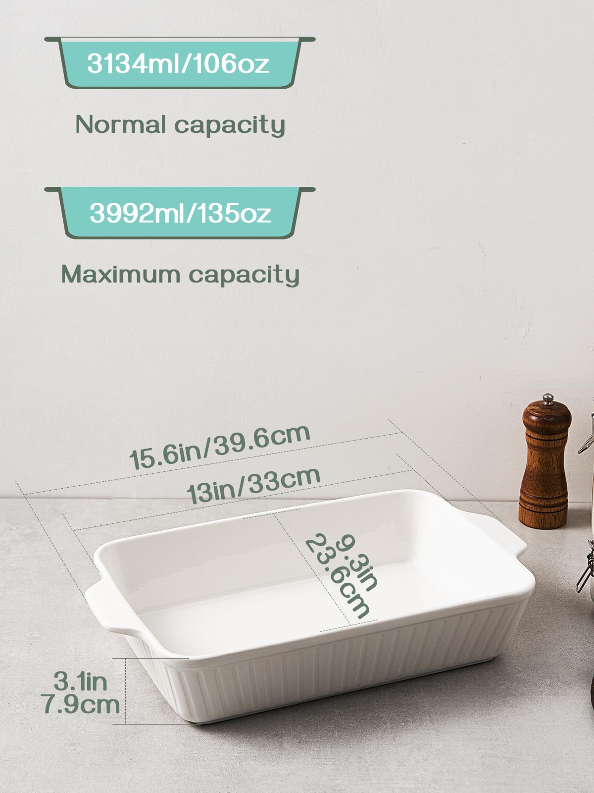 DOWAN Casserole Dish, 9x13 Ceramic Baking Dish, Large Lasagna Pan Deep for Oven, 4.2 Quarts Baking Pan with Handles, Oven Safe and Durable Bakeware for Lasagna, Home Decor, Wedding Gift, White