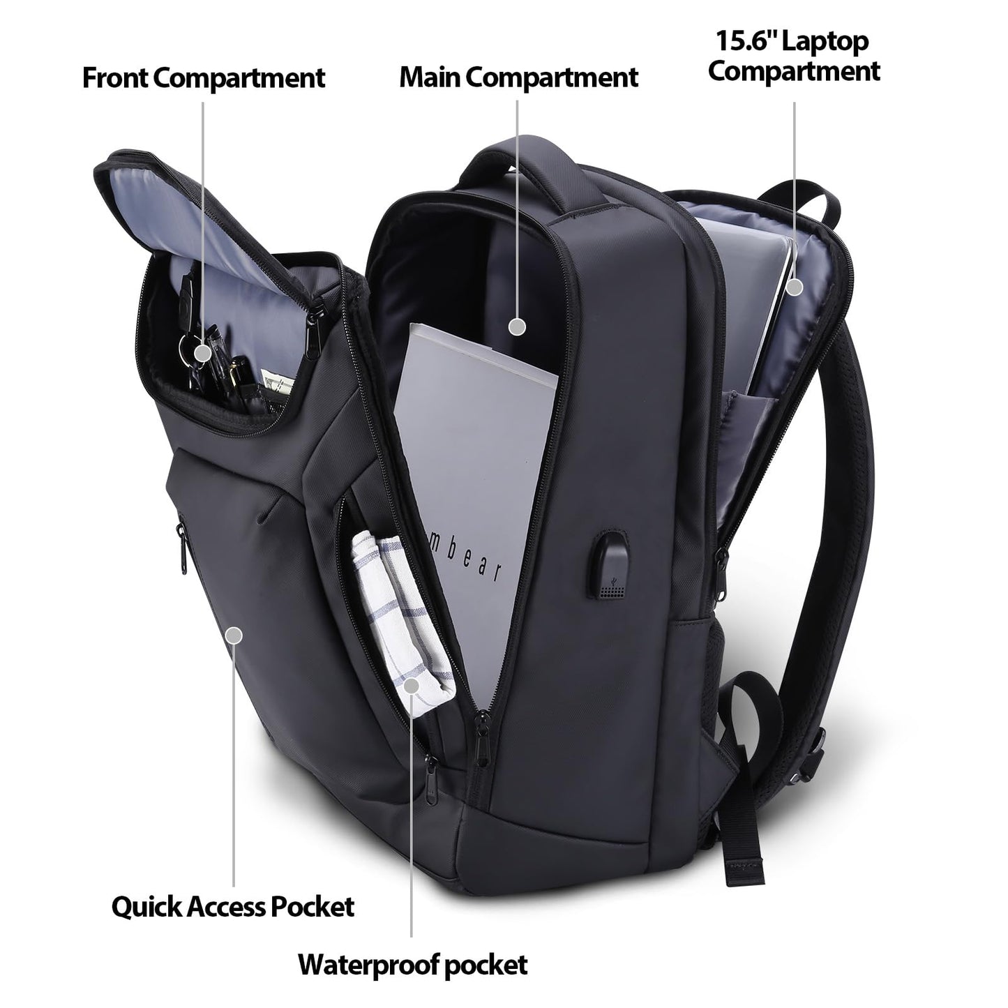 HOMIEE Business Laptop Backpack, Water-Resistant High Tech Backpack for Men, 15.6 Inch Laptop Backpack Travel Backpack with USB Charging Port, Black