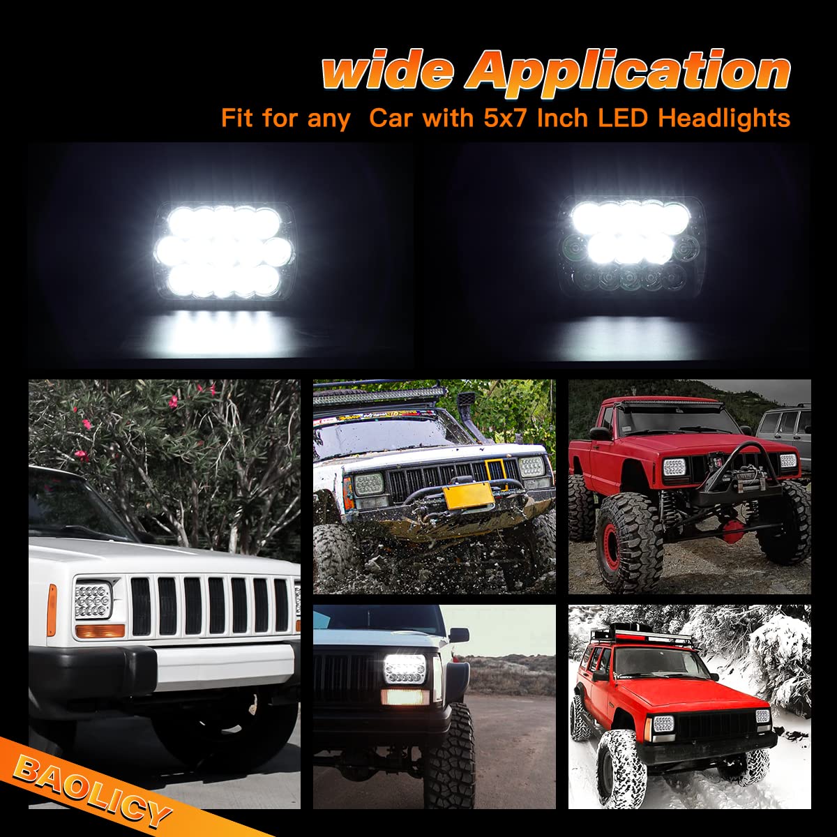 BAOLICY 5x7 H6054 LED Headlights DOT Approved Rectangular 2PCS 45W Hi/Low Sealed Beam 7x6 H6052 6054 H5054 H6054LL 69822 Head Lights for XJ YJ Chevy S10 Blazer Ford Probe Truck Van