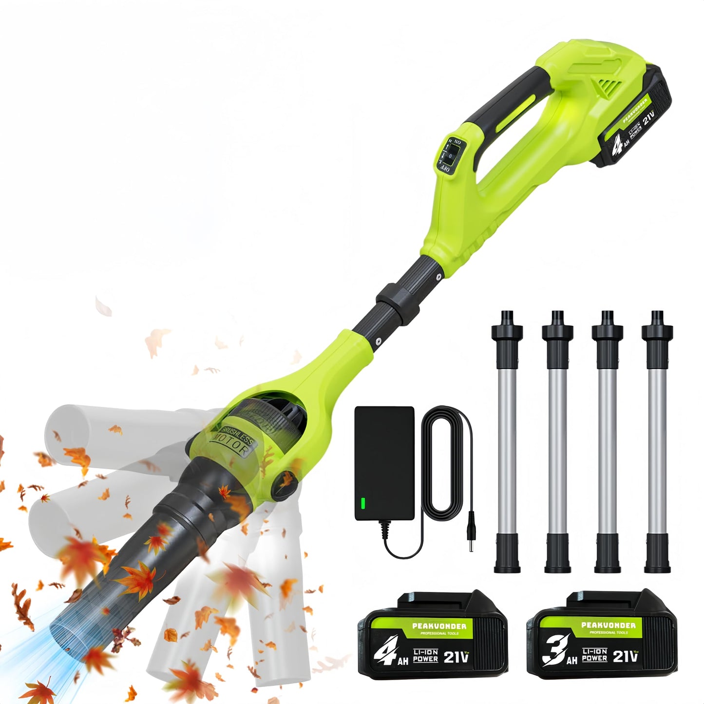 PEAKVONDER Cordless Leaf Blower, 260,000 RPM Turbo Jet (580 CFM/180 MPH)，2 * 4.0/3.0Ah Batteries & Fast Charger, with Gutter Cleaning Extension Attachment Kit for Lawn Care