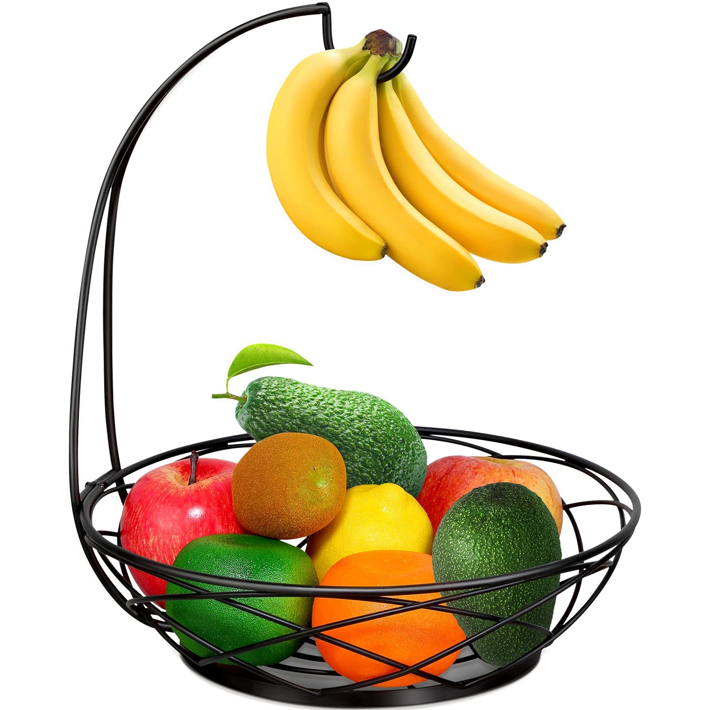 Fruit Bowl with Banana Hanger - Fruit Basket for Kitchen Counter with Holder - Black Chrome