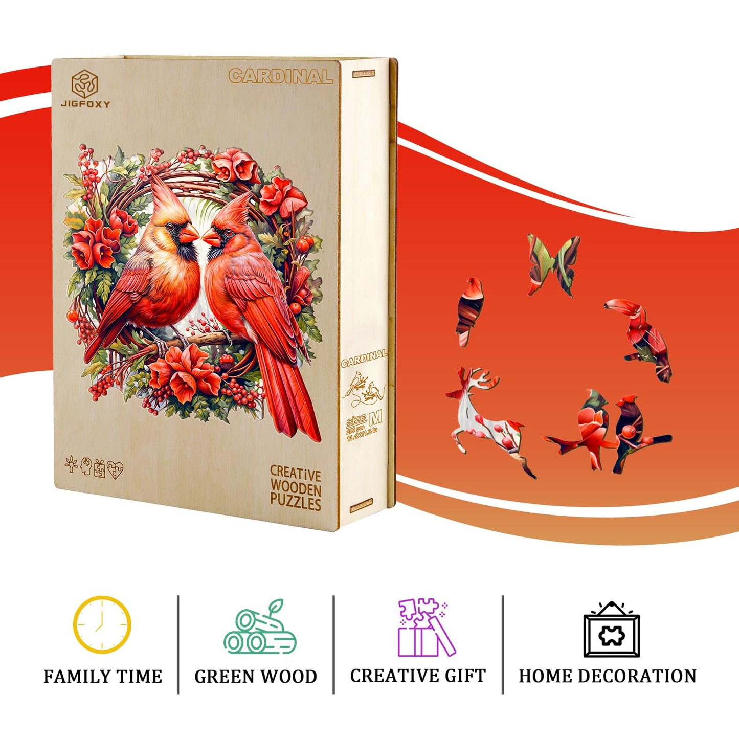 Jigfoxy Wooden Jigsaw Puzzles for Adults, 200 Pieces Cardinal Wooden Puzzle, Unique Shaped Animal Puzzle, Premium Wood Puzzle Gift for Adults, Friends, and Families, Birthday Gifts for Puzzle Lovers