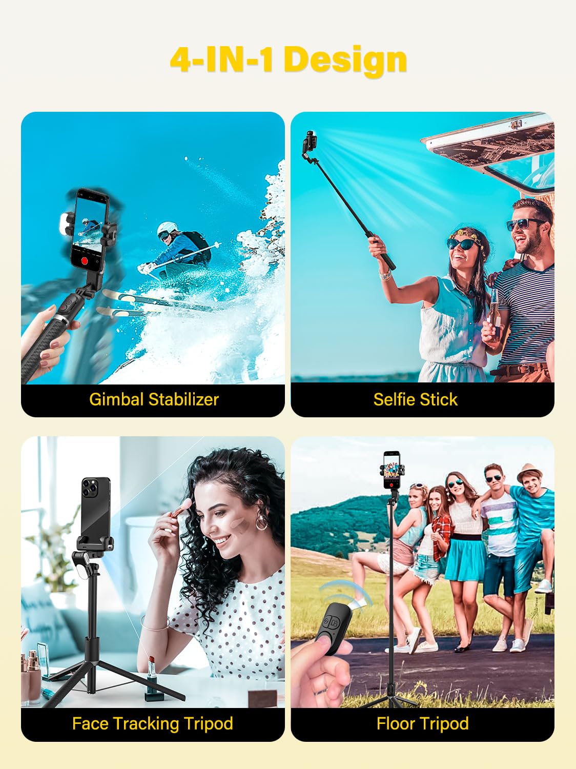 AOCHUAN Gimbal Stabilizer Face Tracking Without APP, 4 in 1 RGB Light Stabilizer, Handheld Portable Phone Tripod for iPhone&Android, Built-in Extension 108cm, M2PRO Black