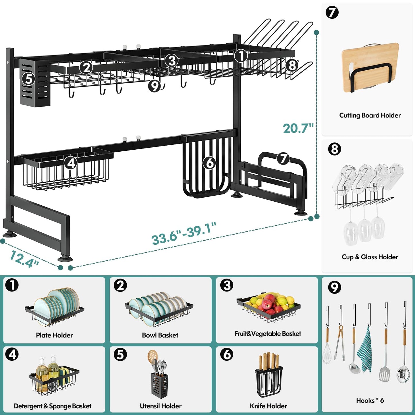 MAJALiS 2 Tier Over Sink Dish Drying Rack Stainless Steel Large Drainer for Kitchen, Height Adjustable Above Sink Shelf, Expandable Space Saving Over Counter Organizer with 6 Hooks, Black