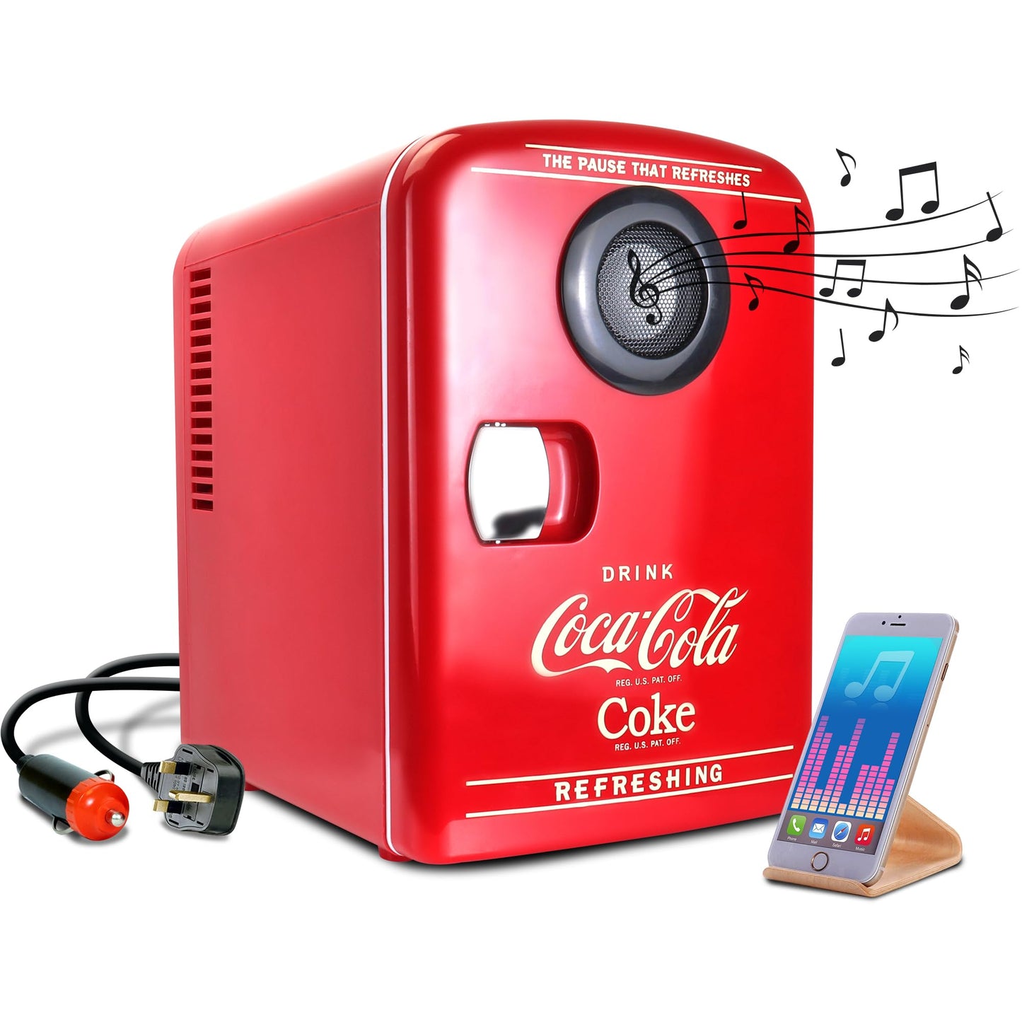 Coca-Cola 12V Portable Built in Speaker with 4L Mini Fridge, Compact Speaker and Personal Cooler/Warmer for Desk Office Dorm, Unique Gift for Music-Lovers and Students