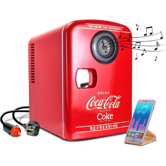 Coca-Cola 12V Portable Built in Speaker with 4L Mini Fridge, Compact Speaker and Personal Cooler/Warmer for Desk Office Dorm, Unique Gift for Music-Lovers and Students