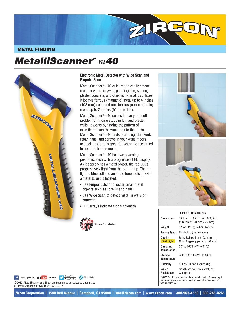 Zircon MetalliScanner m40 Handheld Electronic Metal Detector for Use on Dry Wall, Concrete, Lathe and Plaster, Stucco and More