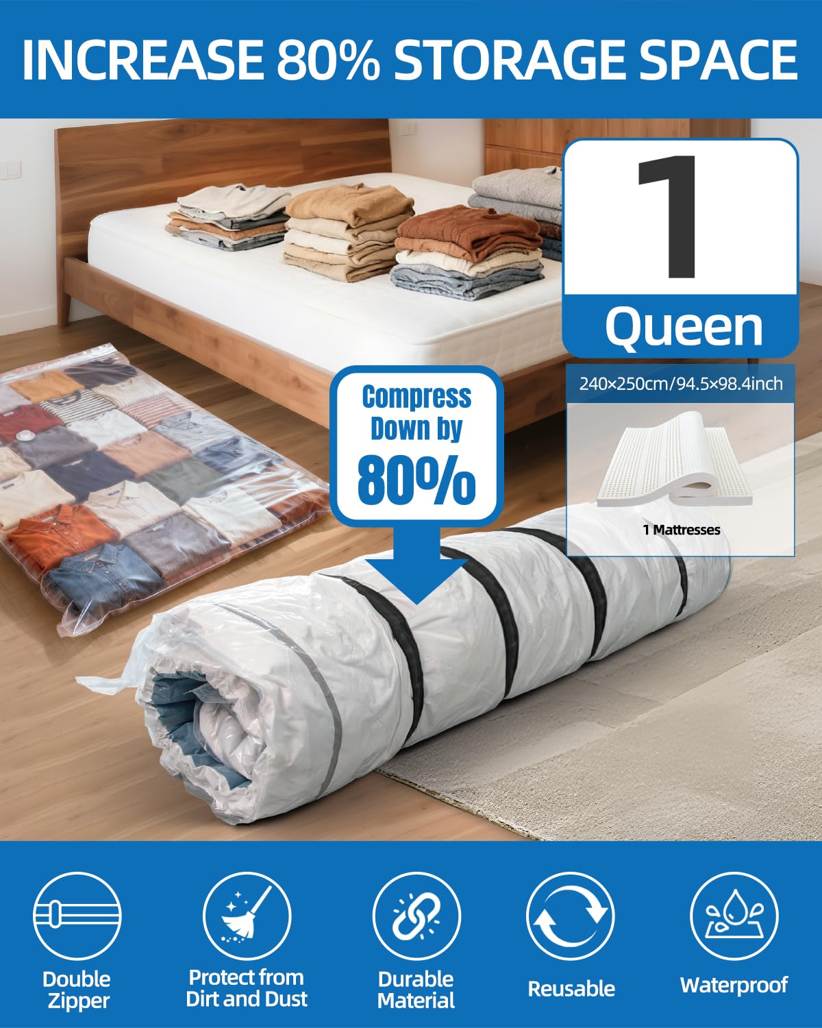 AirBaker Vacuum Storage Bags for moving, Vacuum Seal Bags for Memory Foam, Latex, Clothing & Bedding, Space Saver Bags for Organization and Storage(1 Queen/Full/Full-XL)