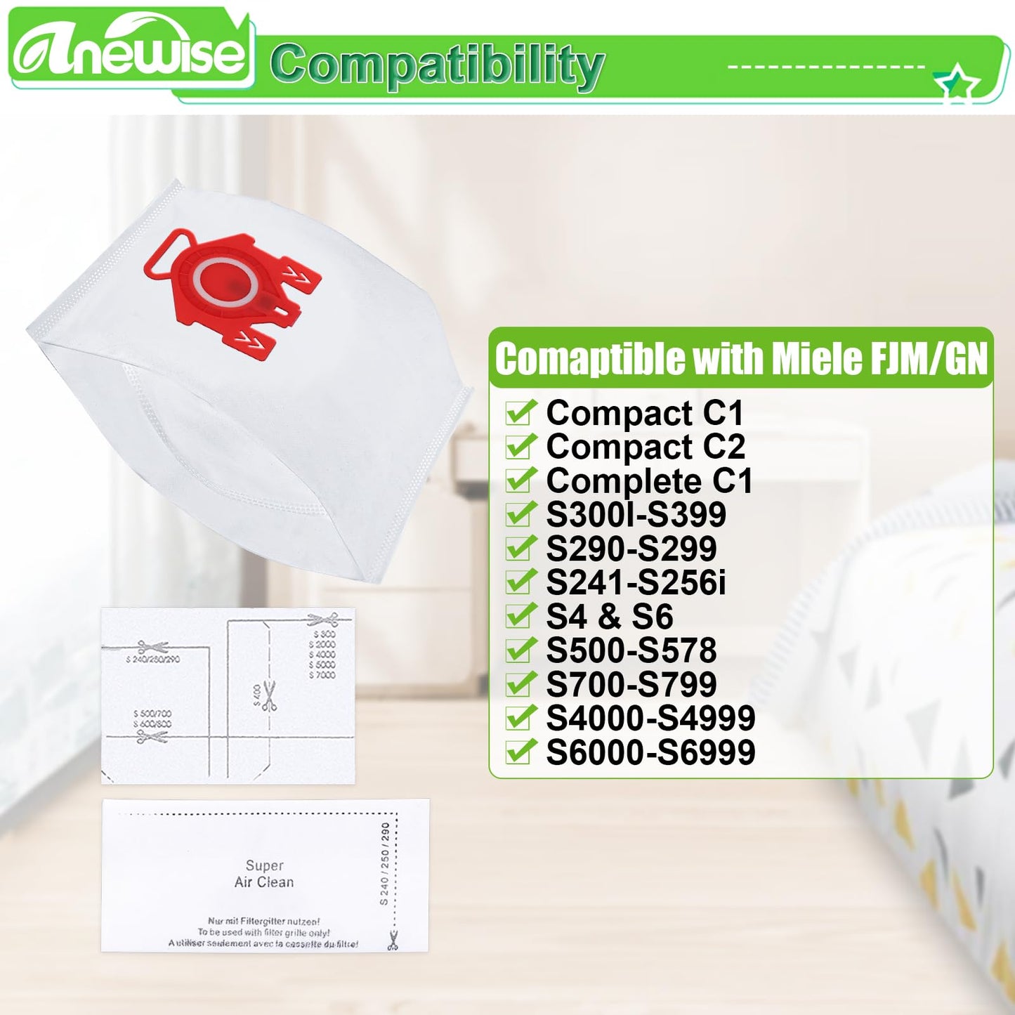 20 Pack FJM Airclean 3D Vacuum bags for Miele Compact C1, Compact C2, Complete C1, S241, S290, S300i, S500, S700, S4, S6 Series, Airclean 3D Efficiency Vacuum Bags for Miele, 20 Bags + 8 Filters Set