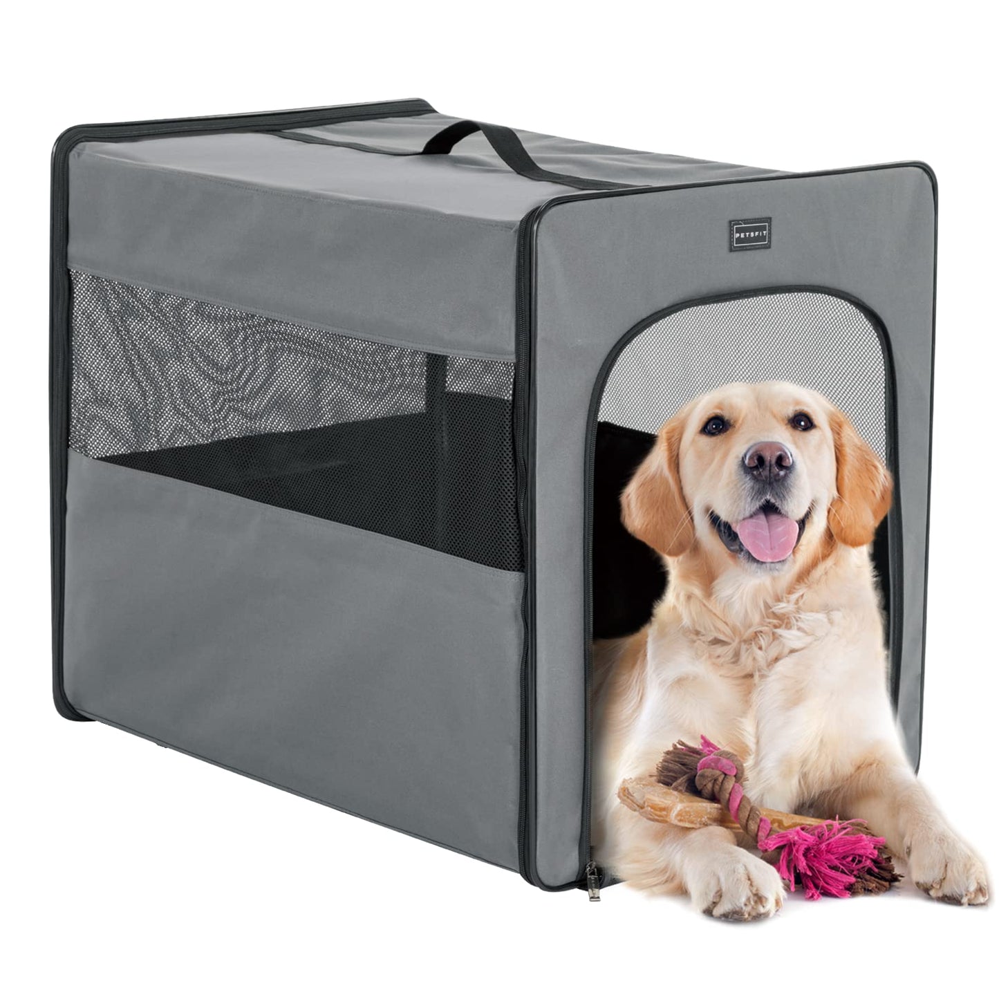 PETSFIT Collapsible Dog Crate, Soft Sided Dog Crate - 31 Inch with Thicken Mat, Easy to Fold, Sturdy and Portable, Perfect for Traveling, Dog Travel Crate Grey