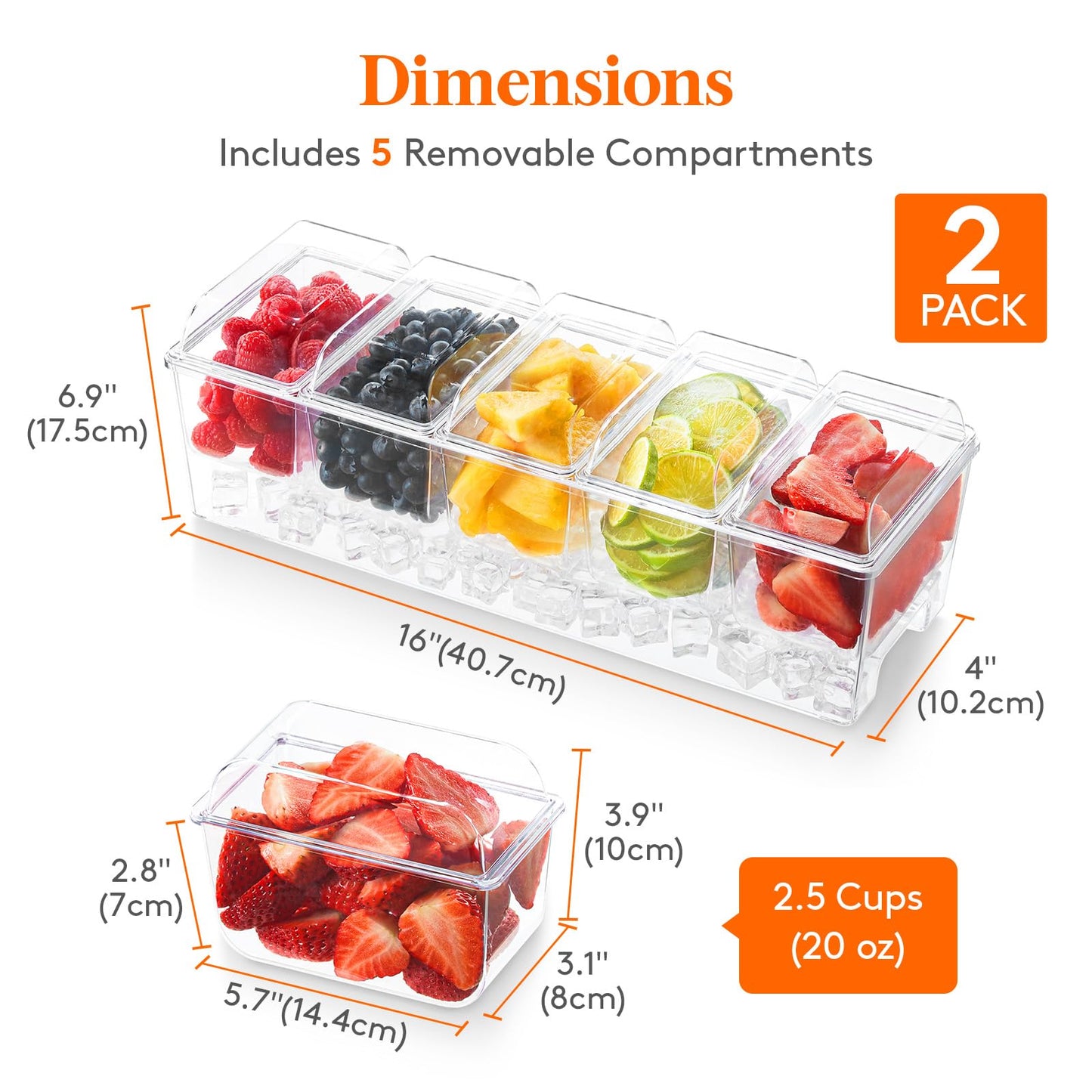 Lifewit 2 Pack Ice Chilled Condiment Caddy with 5 Containers(2.5 cup), Condiment Server with Separate Lids, Serving Tray Platter for Bar Accessories, Fruit, Salad, Taco, Party Garnish