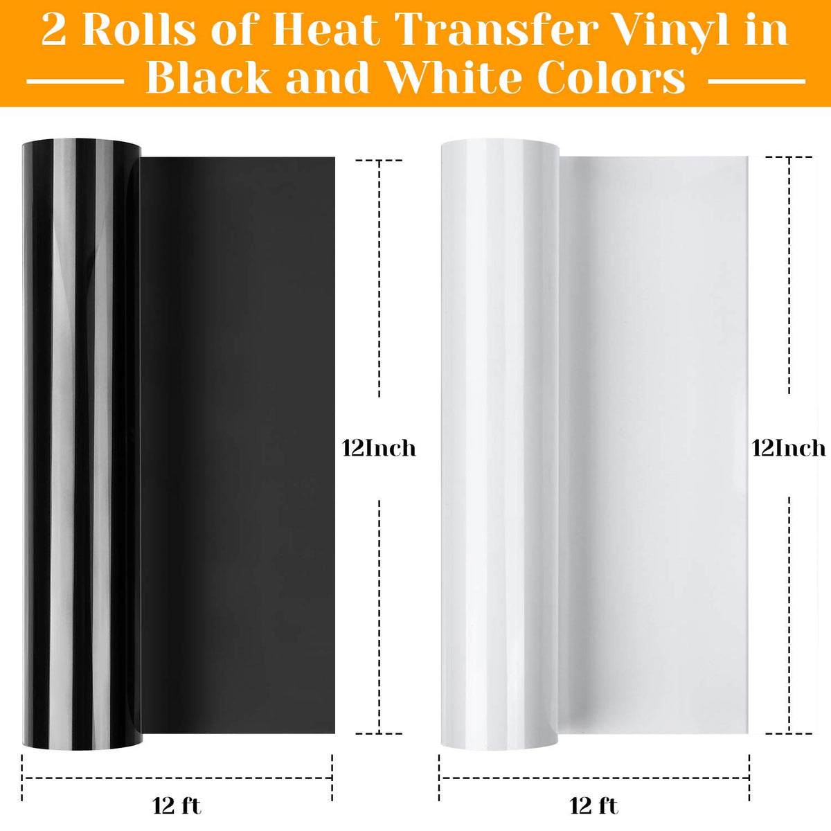 12" x 24ft Heat Transfer Vinyl Rolls, Flasoo 2 Rolls Black and White HTV Iron on Vinyl for Shirts, Compatible with Cricut, Cameo, Heat Press Machines (12 Inches by 12 Feet Per Roll)