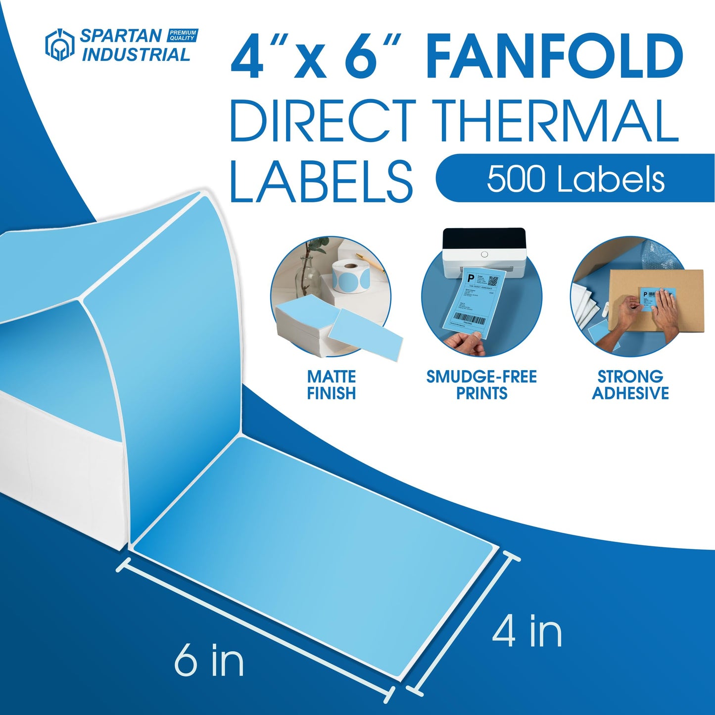 Spartan Industrial Direct Thermal 4" X 6" Fanfold Blue Shipping Labels | (500 Total 4x6 Fan-fold Labels) | Compatible with Rollo, Munbyn, Zebra Thermal Printers | Commercial Grade and Professional