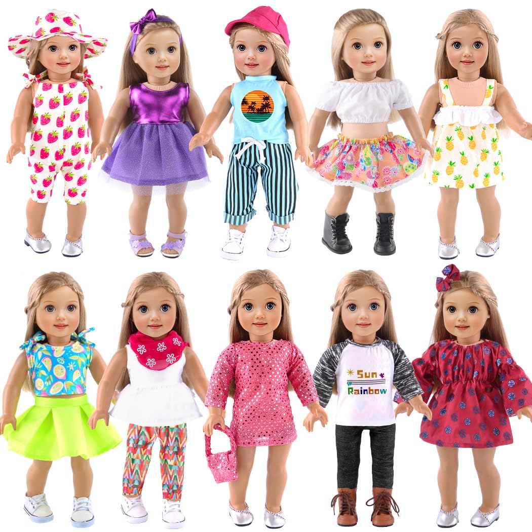 10-Sets Doll Clothes and Accessories for 18 inch Doll Include Dress Handbag Headband Hat and Rompers