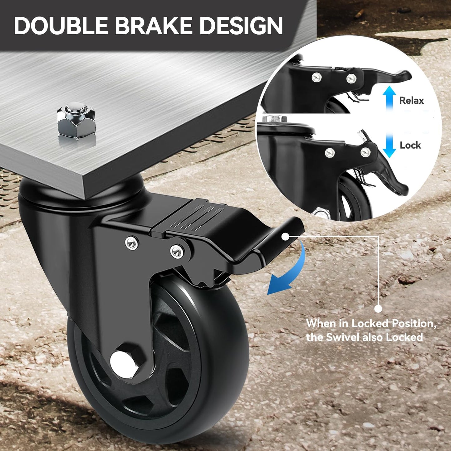 BZOLIHEU Caster Wheels 4 Inch, Swivel Threaded Stem Casters Set of 4 Heavy Duty 2000lbs, 3/8" -16 x 1 (Stem Diameter 3/8", Stem Length 1") Locking Casters Wheels Black