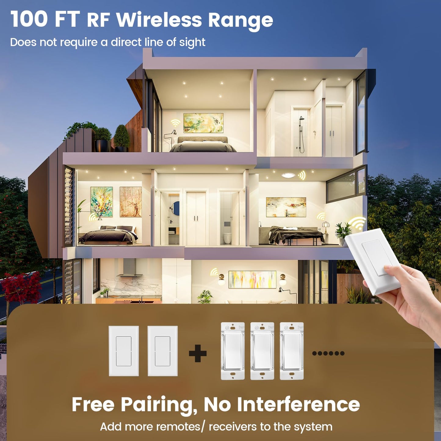 Suraielec 3 Way Wireless Light Switch, Neutral Wire Required, Grounding, 15A High Power, 100ft Range, No Wiring No WiFi, Expandable Remote Control Light Switches for Lamp, Ceiling Light, Fan