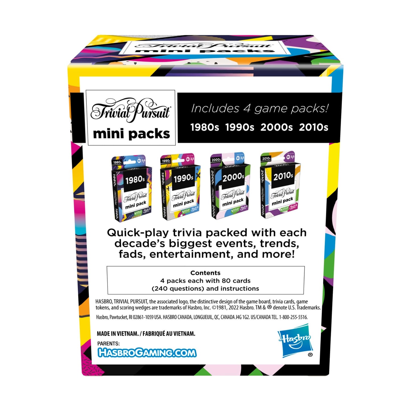 Hasbro Gaming Trivial Pursuit Mini Pack Multipack, Fun Quiz Questions for Adults and Teens Ages 16+ Includes 4 Games with 4 Decades