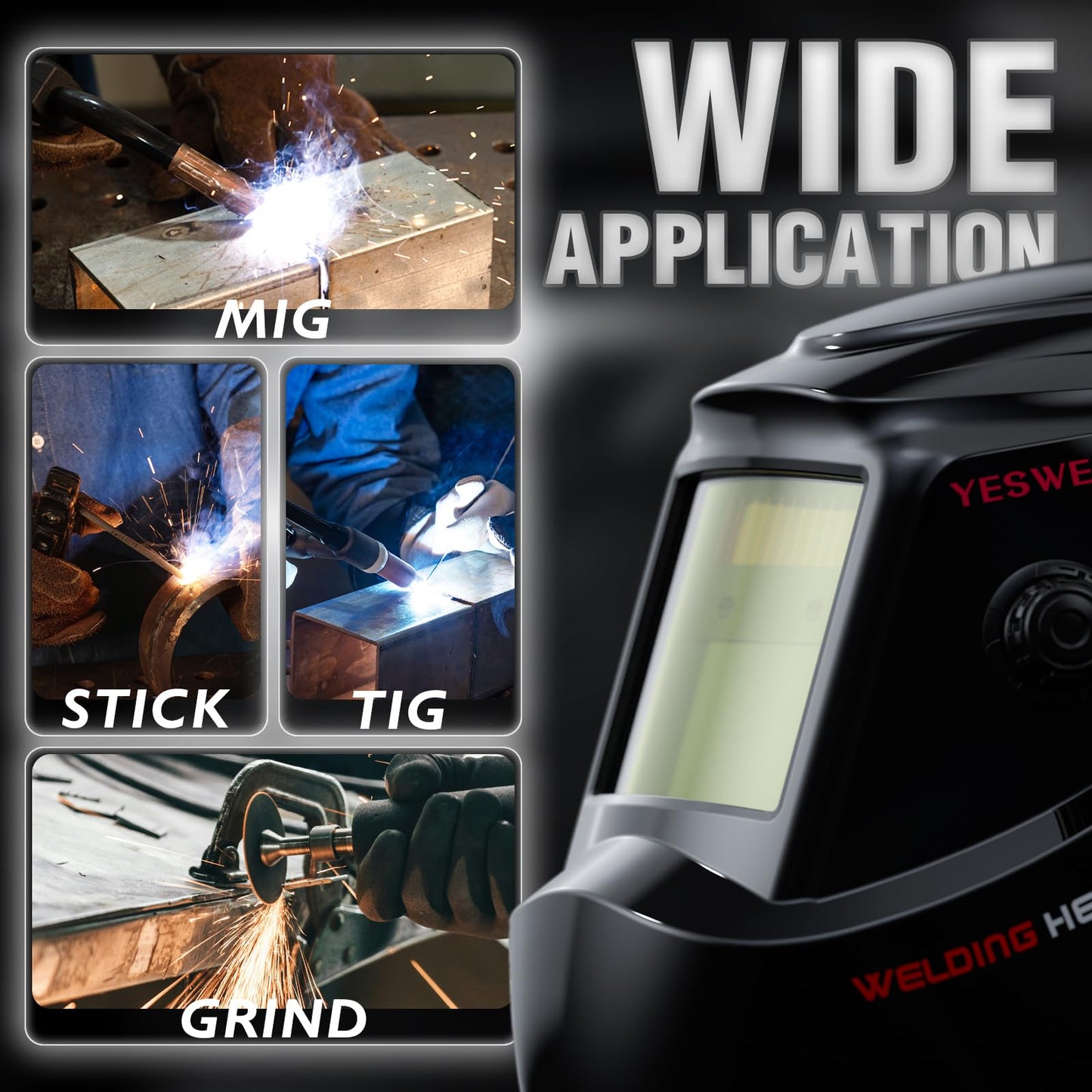 YESWELDER Auto Darkening Welding Helmet, 1/1/1/1 True Color Solar Powered Welding Hood with 2 Arc Sensors, Wide Shade 3.5/9-13 Welder Mask for TIG MIG ARC and Grind