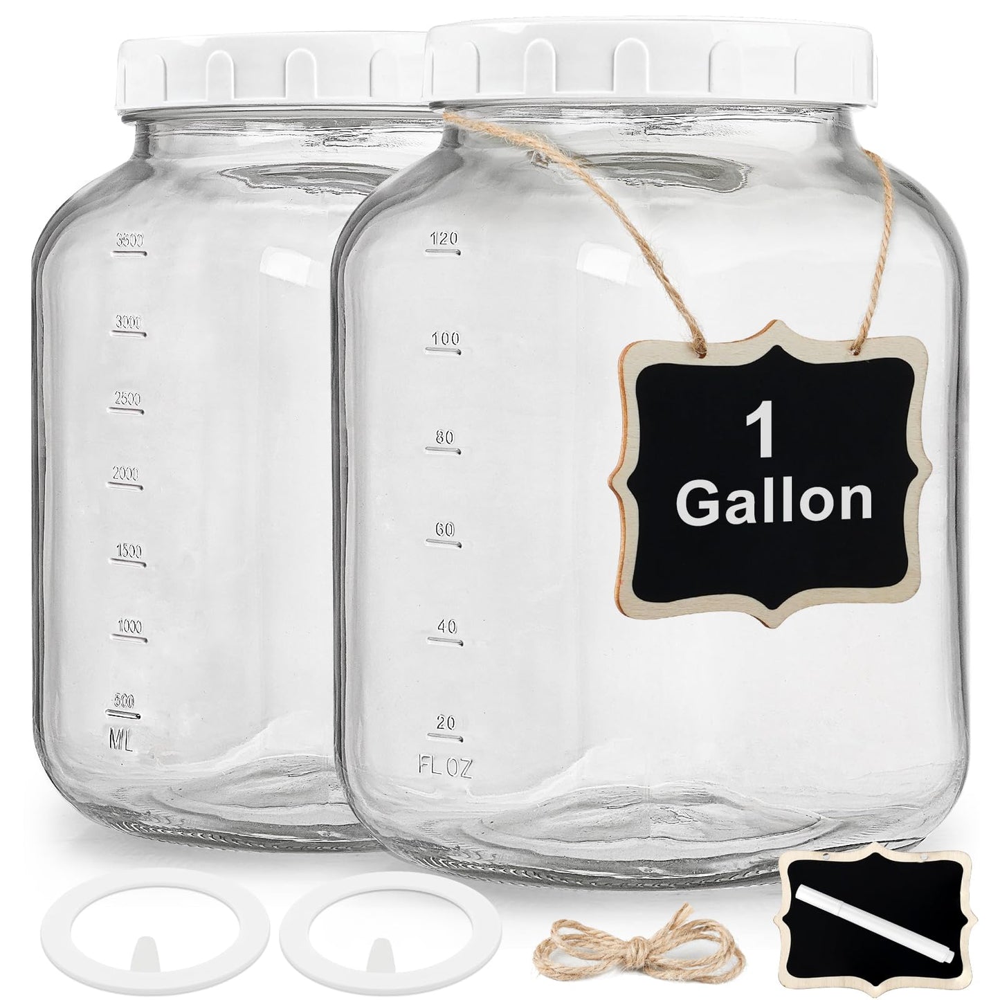 2 Pack 1 Gallon Glass Jar with Lid, Heavy Duty Airtight Screw Lid w Silicone Gasket - Large Mason Jar Wide Mouth w 2 Scale Marks for Fermenting Kombucha, Sun Tea, and Storing Food (Extra 2 Gaskets)