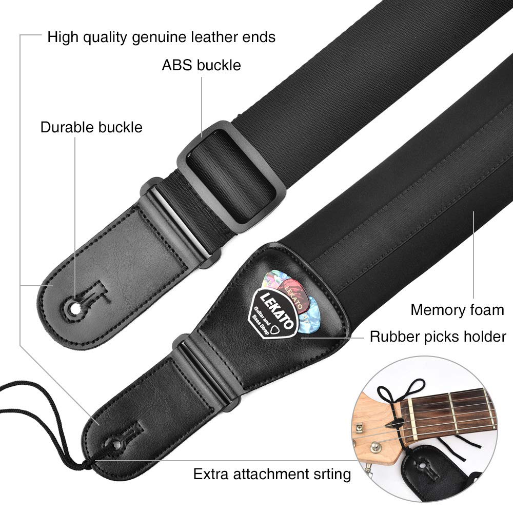 LEKATO Bass Guitar Strap for Electric Guitar 3" Wide and Adjustable Length from 45" to 55" Bass Strap with Pick Holders 2 Safety Strap Lock and 6 Picks