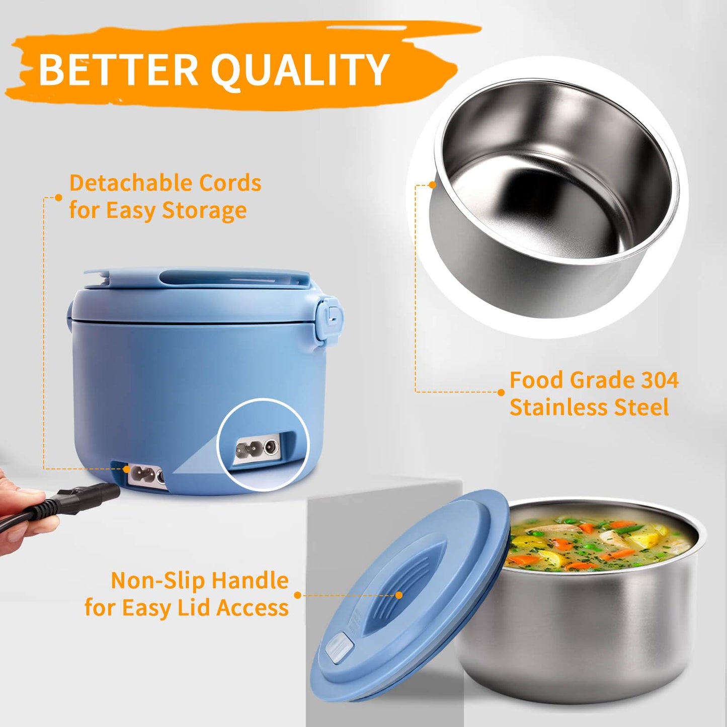 Aotto Electric Lunch Box, 12V 24V 110V 3 in 1 Portable Food Warmer Heated Lunch Boxes for Adults, 32oz Leakproof, Lunch Warmer & Food Heater for Travel, Car, Truck, Office Use - Blue