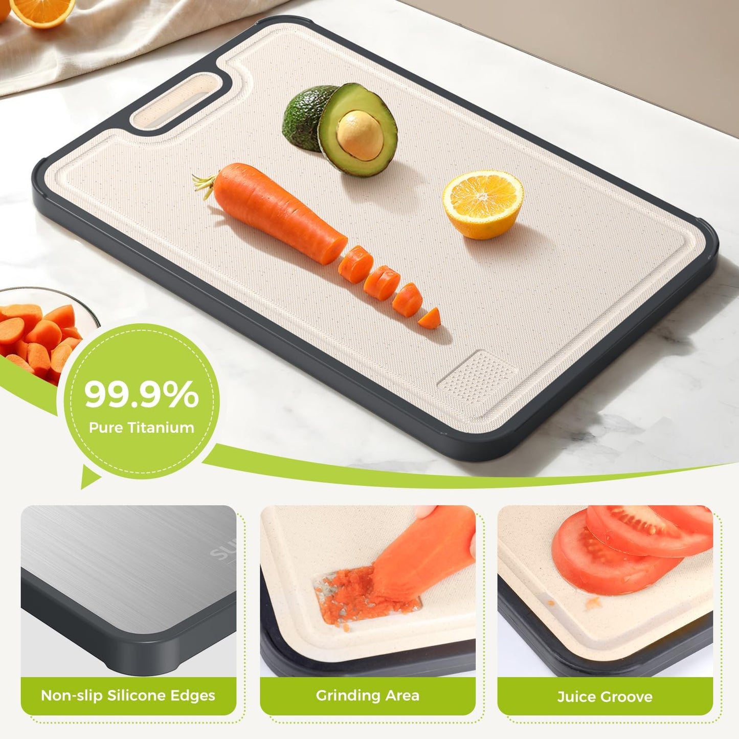 Titanium Cutting Board for Kitchen, Cutting Board Double Sided Food Grade, Pure Titanium/PP, Easy to Clean [15.5”*10.5”+12”*8.5”]