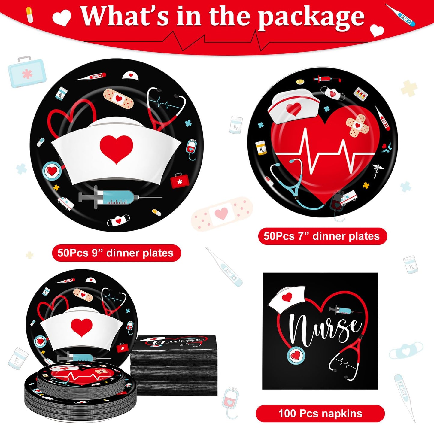200 Pcs Graduation Nurse Party Decorations Doctor Nurse Week Party Plates Include 9 Inch 7 Inch Paper Disposable Plates Lunch Napkin Medical Birthday Party Tableware Set for Nursing School(Black)