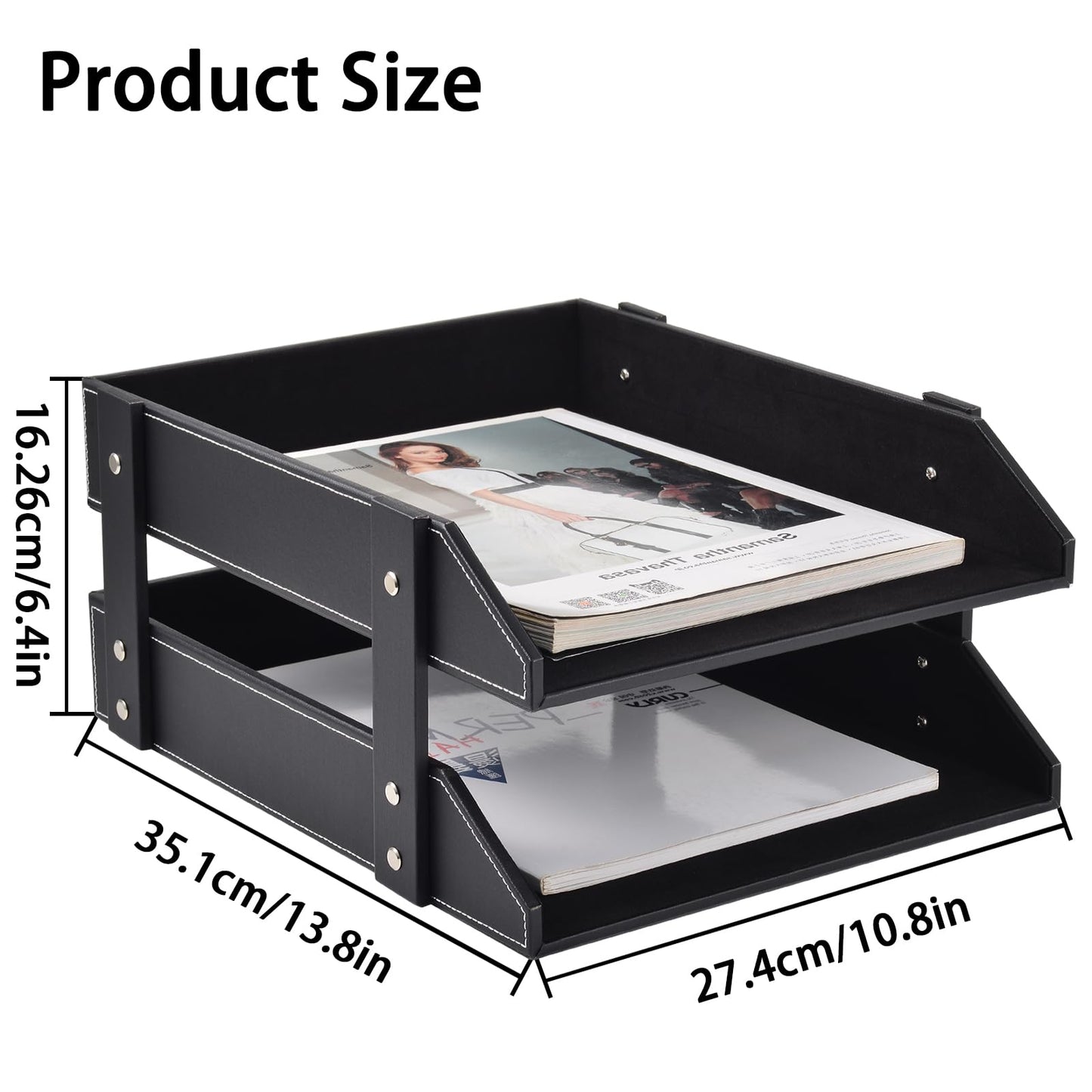 Leather Desk File Supply Organizer,Stackable Office File Document Tray for Files, Folder, Stationery, Magazine, Newspaper, Mail, Home Sundries Desktop Organization Holder,Black