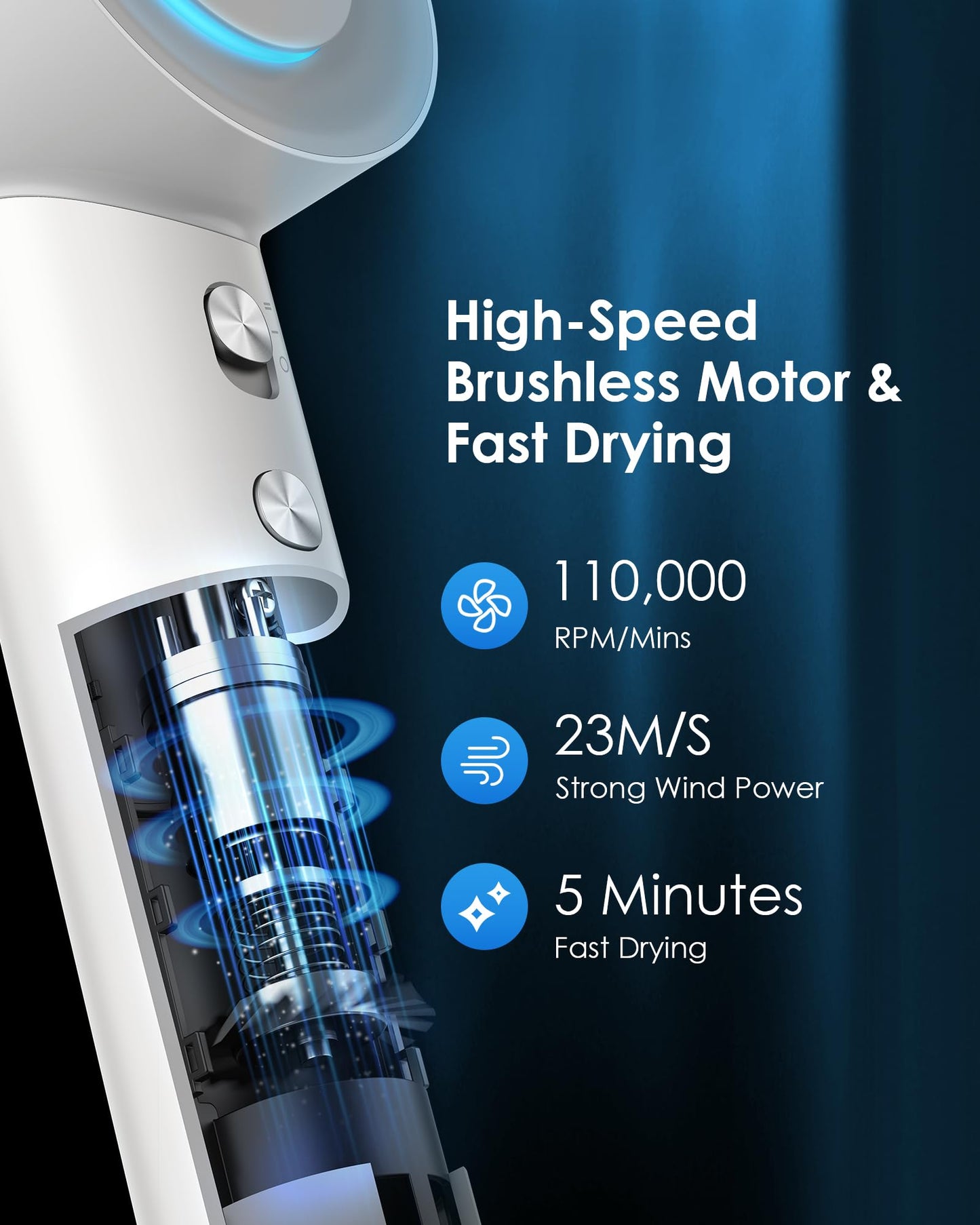 Hair Dryer,Negative Ion Blow Dryer for Women Men, 110, 000 RPM Brushless Motor, 3 Heat Settings, 360° Rotating Magnetic Nozzle, High-Speed Low Noise Hair Dryer for Home and Travel(Pearl White)