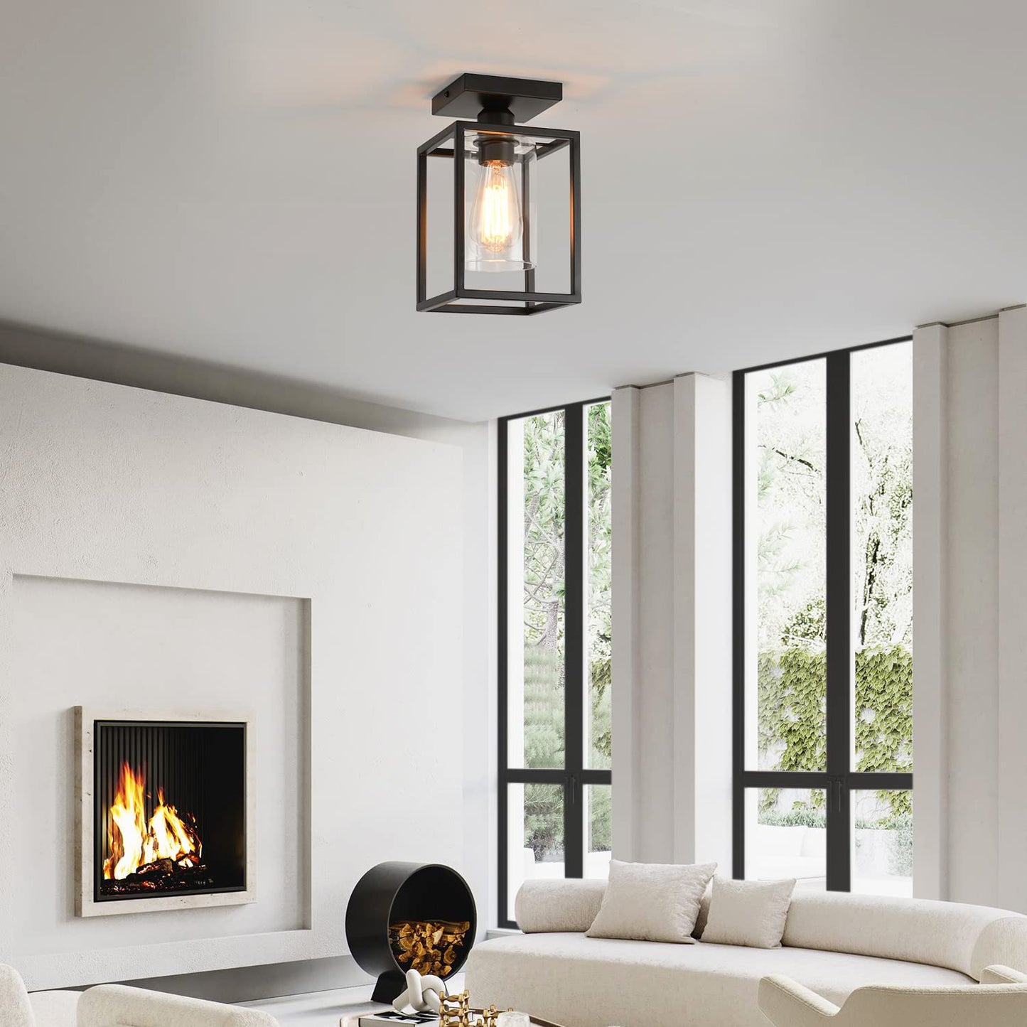 IHENGYANLT 1 Pack Semi Flush Mount Ceiling Light,Black Metal Frame Ceiling Light Fixture with Clear Glass Shade, Farmhouse Light Fixture for Kitchen Island Entryway Porch Foyer