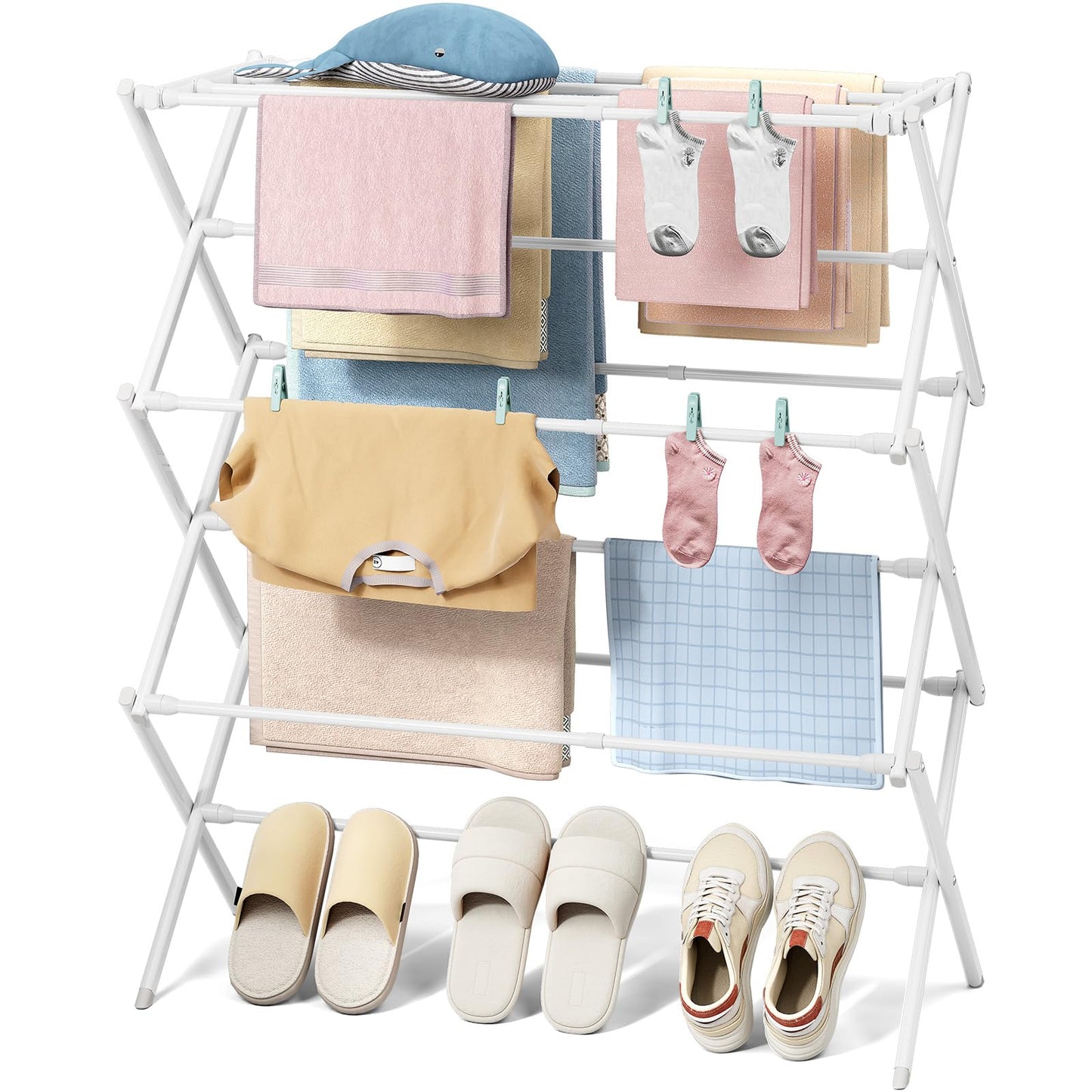 KINGBOARD Clothes Drying Rack, 3-Tier Laundry Drying Rack, Expandable Clothing Drying Rack for Indoor Air Drying Clothing, Clothing Dryer Towel Rack, White