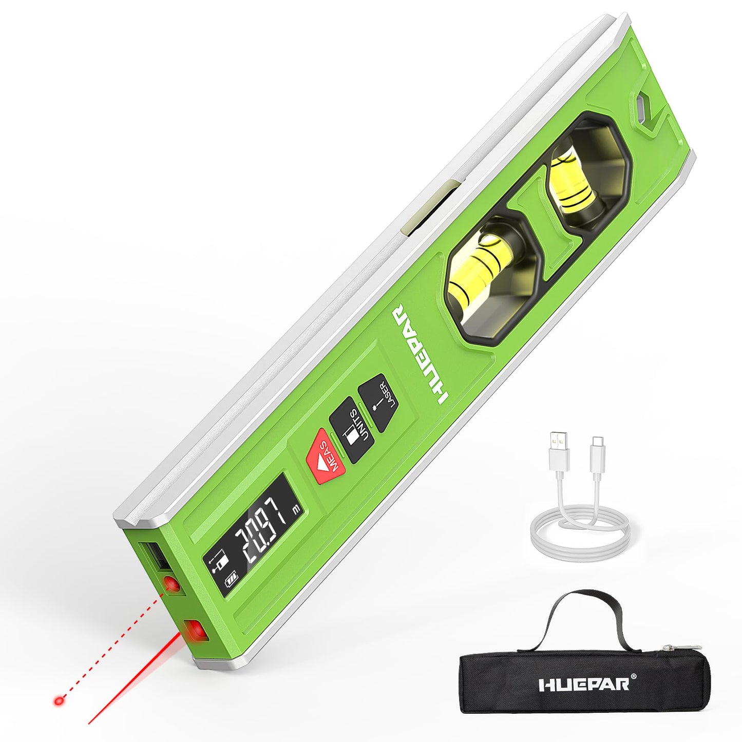 Huepar Rechargeable 3-in-1 Laser Leveling Tool with Light, Bubble Level and 66Ft Laser Distance Measure, 10 Inch Torpedo Level, Magnetic Spirit Level for Construction or Home Renovation