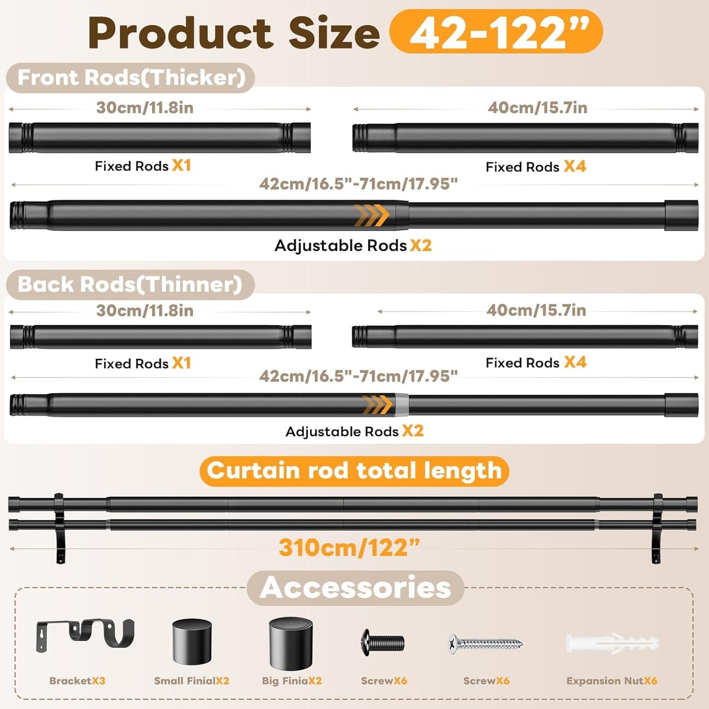 Abiglifty Double Curtain Rod 33 to 120 Inch, Telescoping Double Curtain Rods for Windows, Adjustable Double Curtain Rod for Windows, Blackout Curtain Rod with Classic Cap Finial, Black