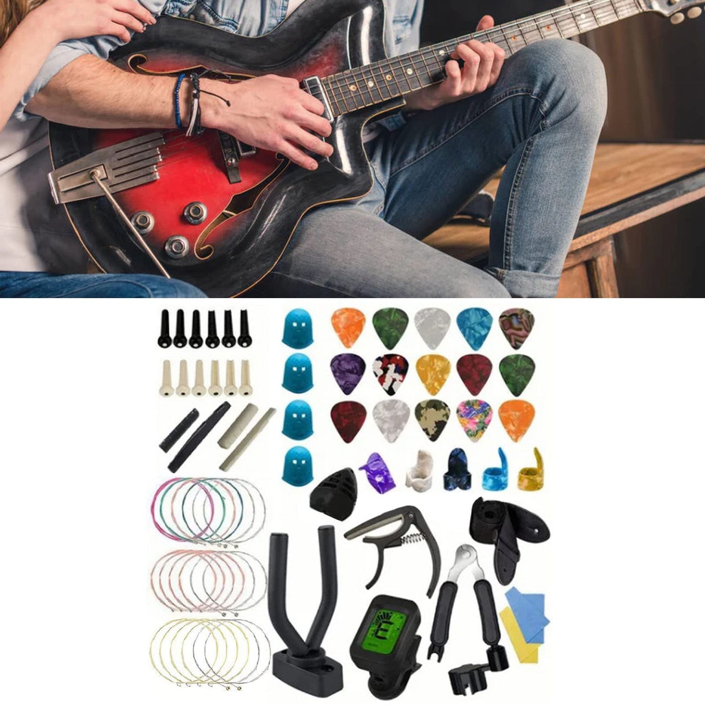 Acouto 66Pcs Guitar Accessories Kit with Tuner, Capo, Picks, and Repair Tools for Banjo and Mandolin Players