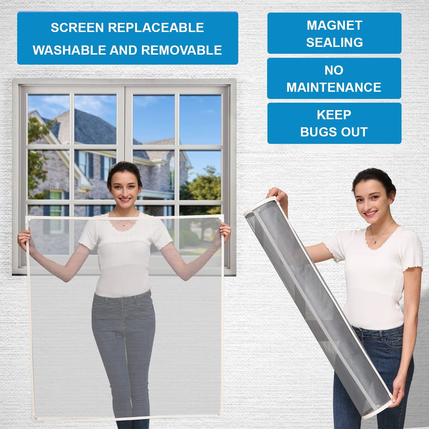 NeatiEase Adjustable DIY Magnetic Window Screen Max 55Inch（H） x 36Inch（W）（140cm x 90cm) Fits Any Size Smaller with White Frame Grey Fiberglass Mesh