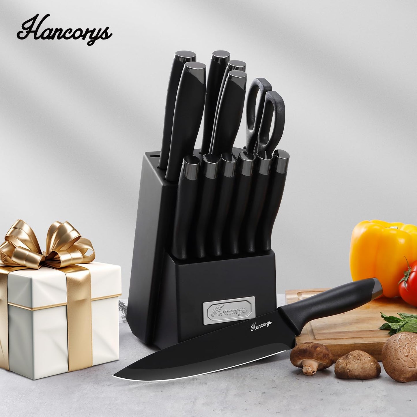Hancorys Knife Sets for Kitchen with Block, 15 Pieces Chef Knife Set with Self Sharpening, Stainless Steel Nonstick Ceramic Anti-Rust Coating Blades, Ergonomic Handle, Black Grey