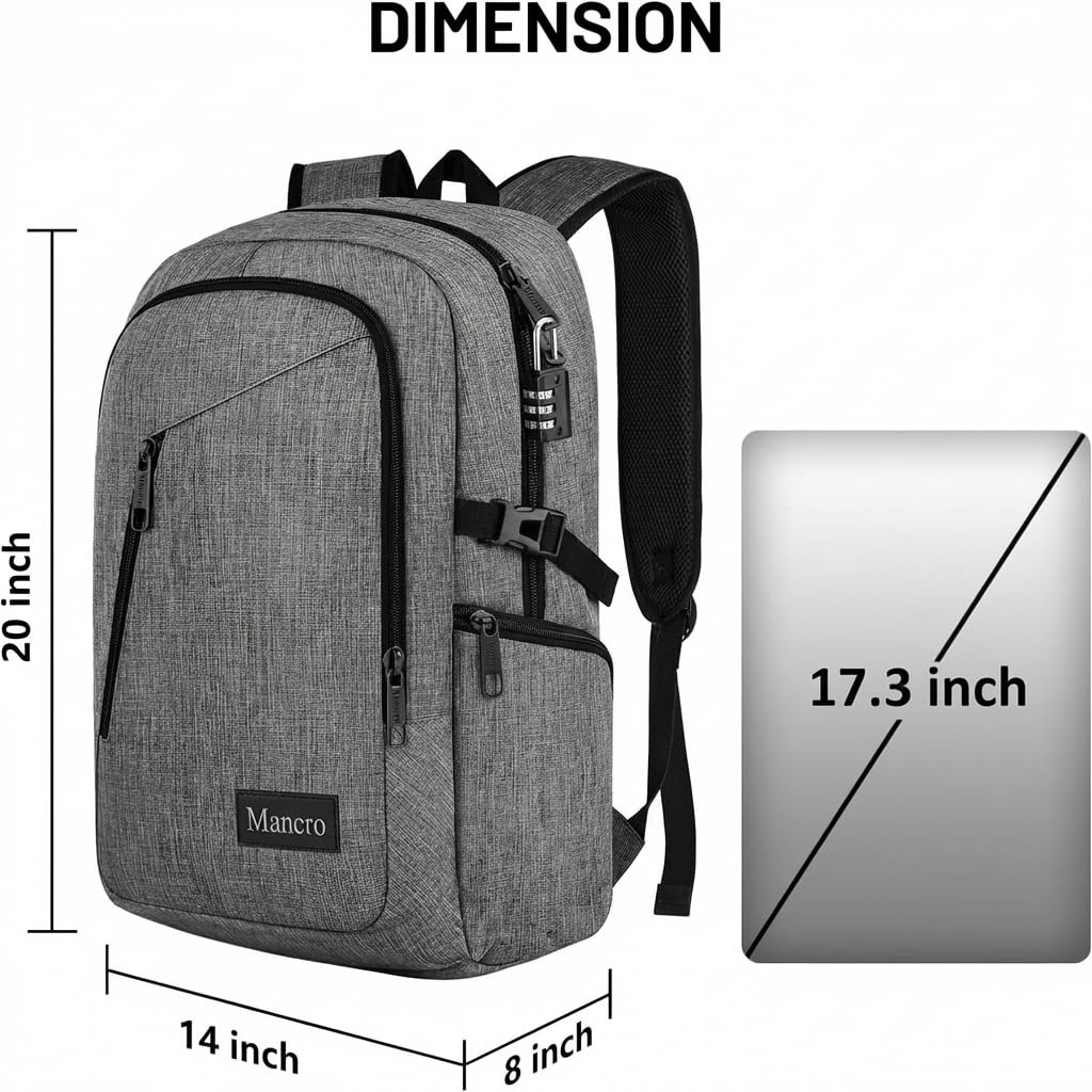 Mancro 17.3 Inch Business Laptop Backpack Large Travel Backpack Lightweight Anti-Theft Laptop Backpack for Men & Women