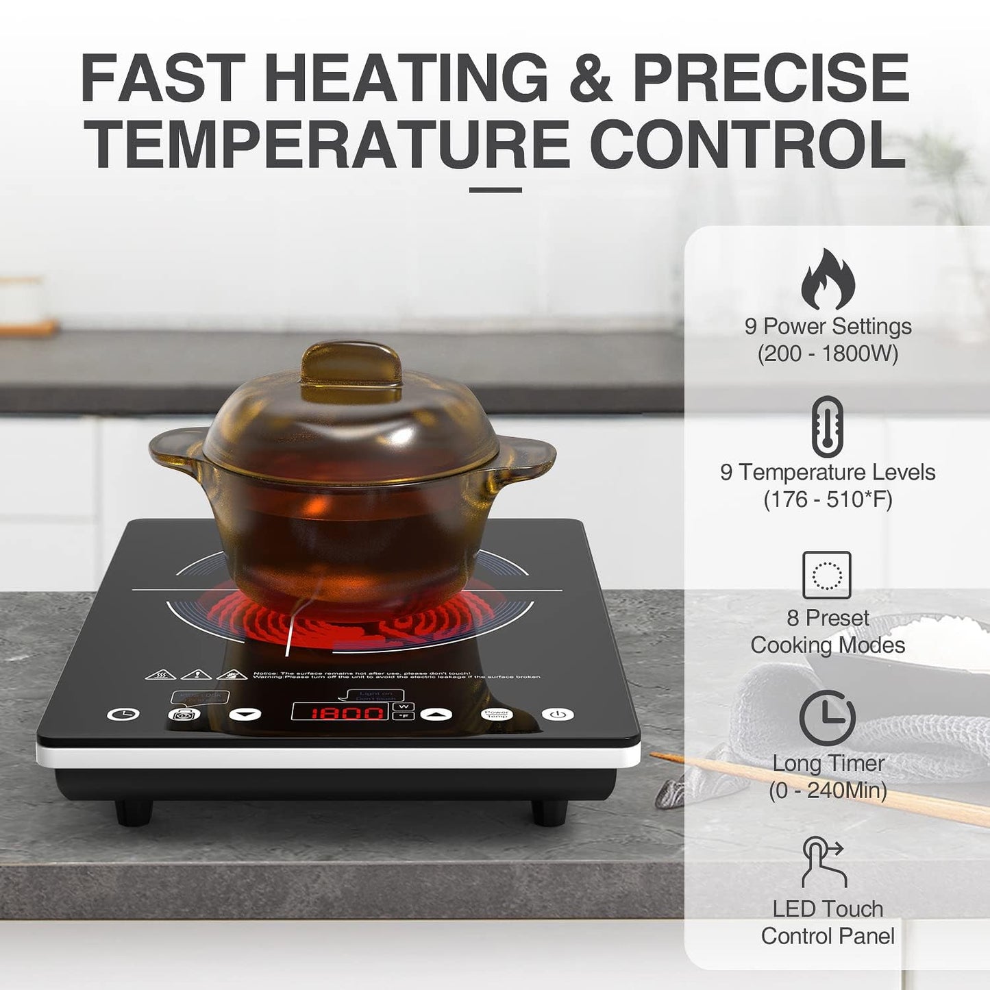 VBGK Electric Ceramic Cooktop, Electric Stove Top with Touch Control, 9 Power Levels, Kids Lock & Timer, Hot Surface Indicator, Overheat Protection,110V induction cooktop