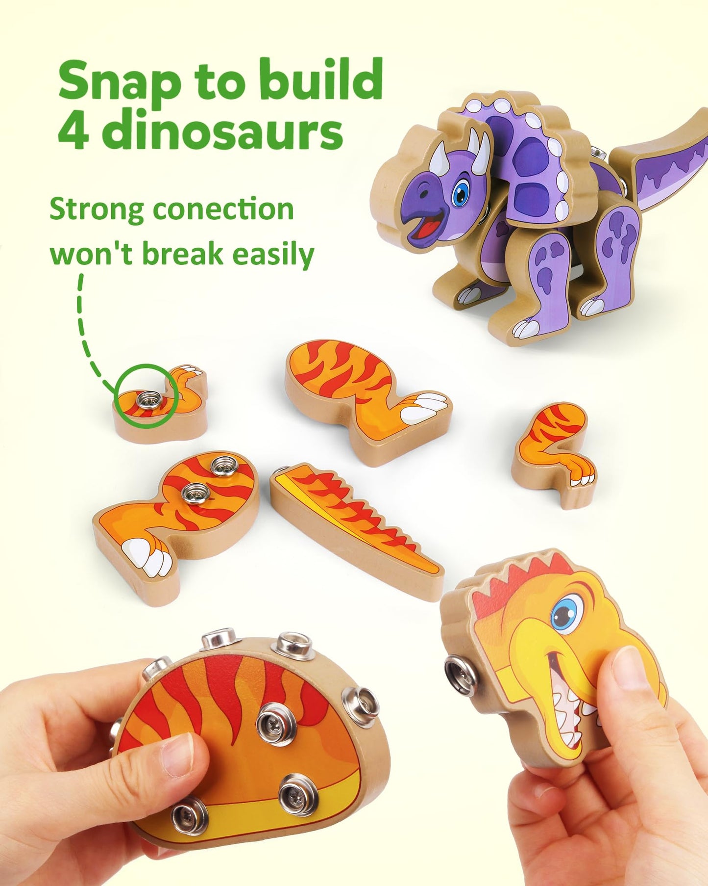 Coogam Build Your Own Dinosaurs Toy, Snap Together Building Dinosaurs Playset, Wooden STEM Take Apart Dinosaur Builder, Fine Motor Building Toy Gift for 3 4 5 Years Old Kids