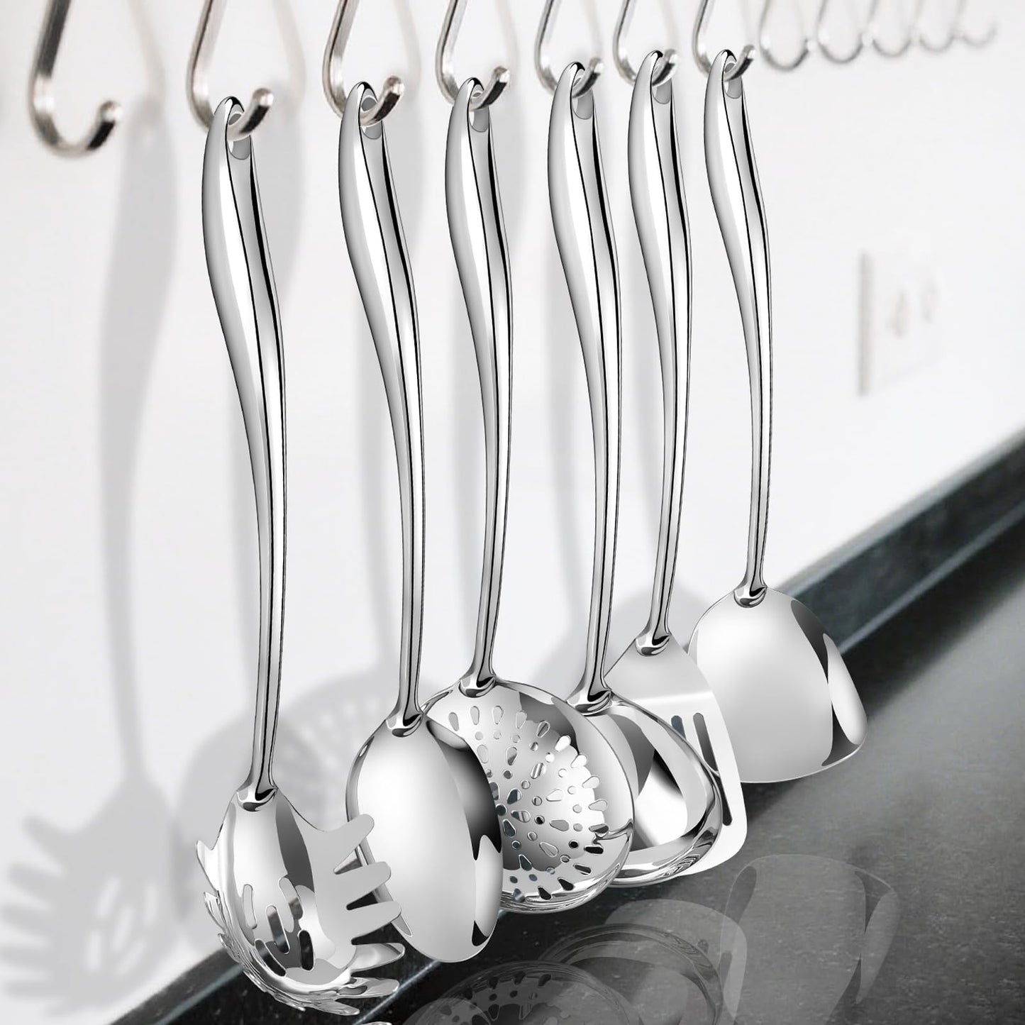Kitchen Utensil Set, 304 Stainless Steel 6 Pcs Cooking Utensils Set with Spatula, Solid Spoon, Ladle, Skimmer, Spaghetti Spoon,Dishwasher Safe