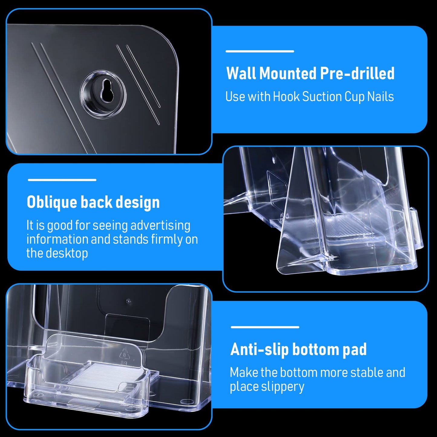Remerry 2 Set 6.5 Inch Acrylic Brochure Holder with Business Card Pocket, Wide Bifold Clear Brochure Display Stand Flyer Holder for Pamphlet Literature Magazine Booklet, Desk or Wall Mount Display