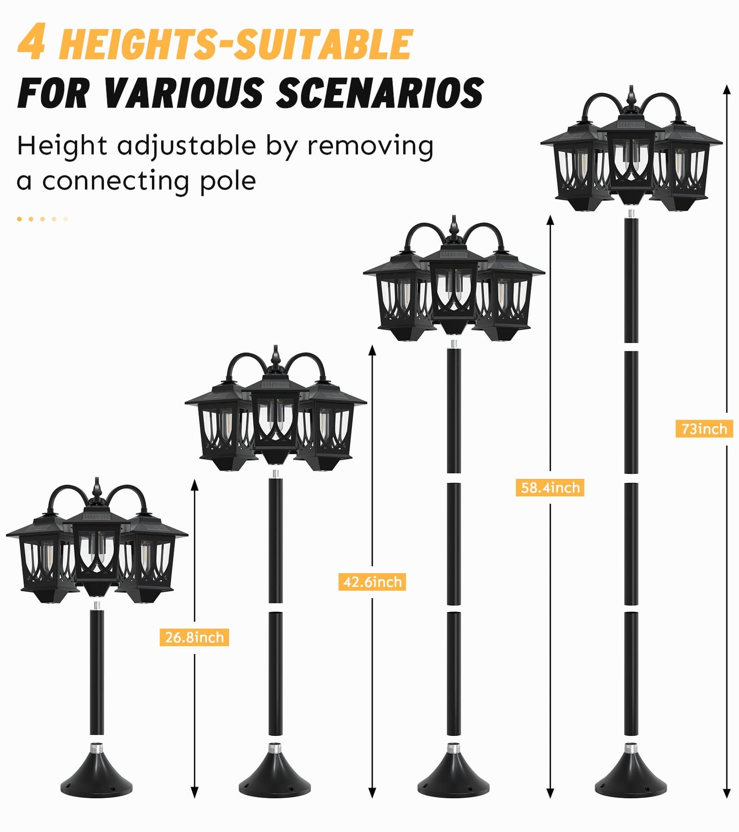 73" Aluminum Solar Lamp Post Light, 3-Head Solar Light Posts for Outside Waterproof, 90Lm Outdoor Lamps for Patio, Backyard, Front Porch Decor, Warm White, Replaceable Bulb