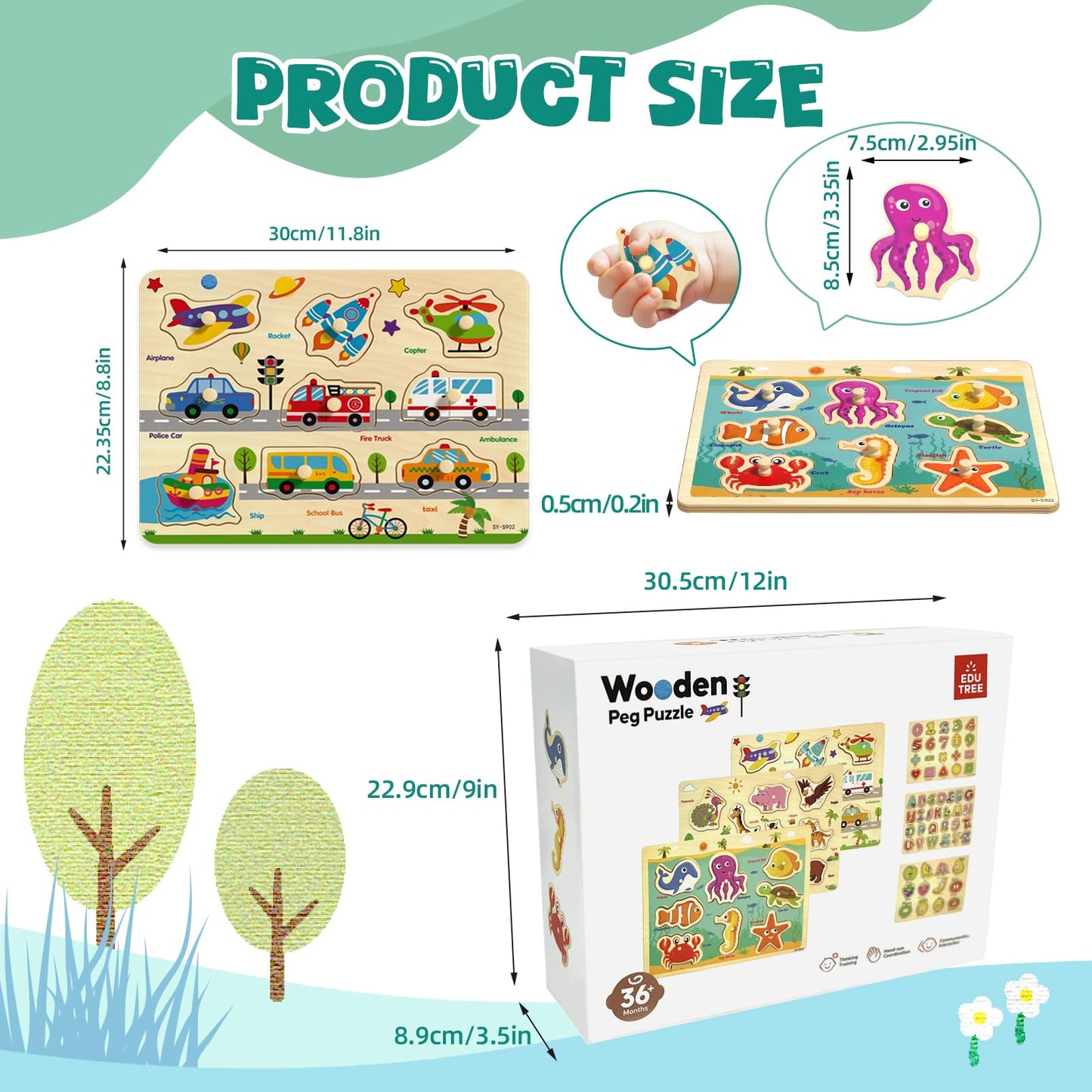 edutree Wooden Peg Puzzles for Toddlers 2-4, 6 Pack Educational Peg Puzzles Montessori Toys for Toddlers 1-3, Learning Puzzles for Kids Girs Boys with Alphabet Number Animal Vehicle Shape