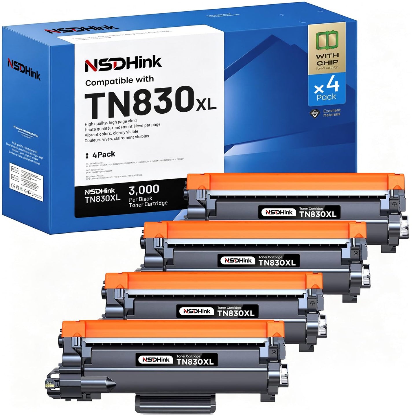 NSDHInk TN830XL Toner Cartridges Compatible (4X 3000 Pages) Replacement for Brotner TN830 XL TN-830 XL High Yield Black Toner for HL-L2460DW DCP-L2640DW HL-L2400D HL-L2405W MFC-L2820DW Toner Printer